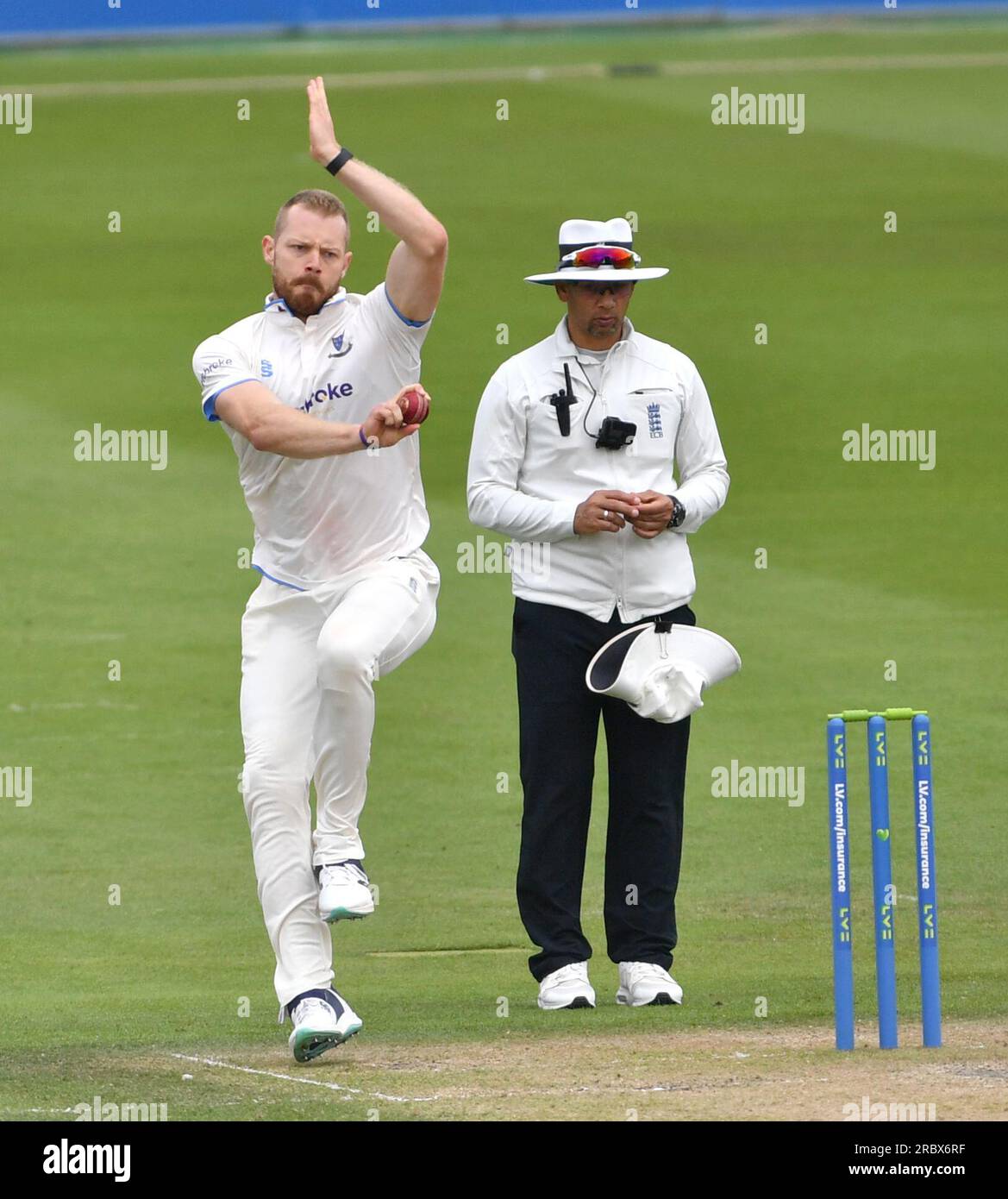 Hove UK 11th July 2023 -  Nathan McAndrew bowls for Sussex against Derbyshire during day two of the LV= Insurance County Championship cricket match at the 1st Central County Ground in Hove : Credit Simon Dack /TPI/ Alamy Live News Stock Photo