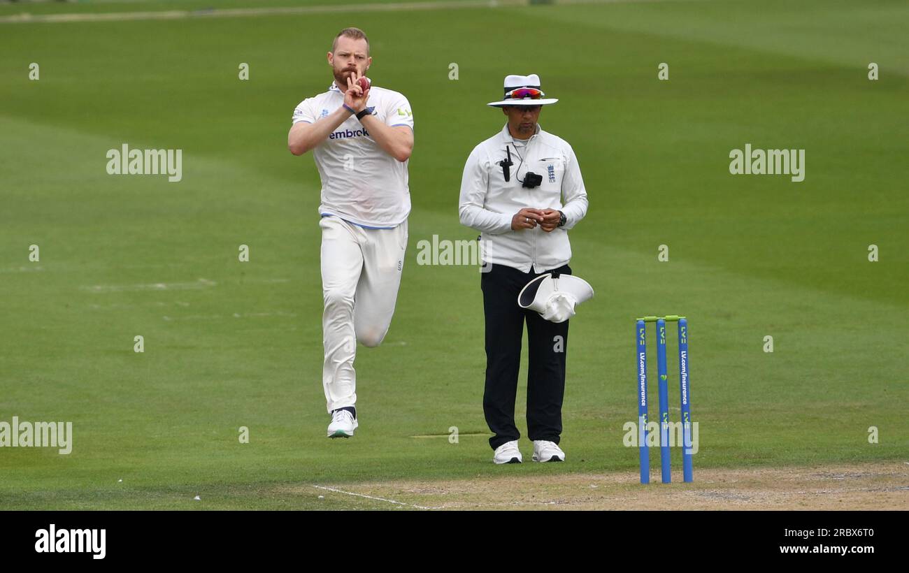 Hove UK 11th July 2023 -  Nathan McAndrew bowls for Sussex against Derbyshire during day two of the LV= Insurance County Championship cricket match at the 1st Central County Ground in Hove : Credit Simon Dack /TPI/ Alamy Live News Stock Photo