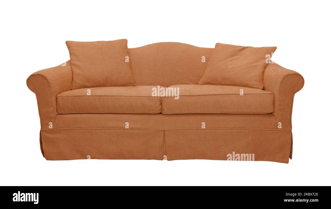 Orange sofa with two pillows isolated on white background. Classic