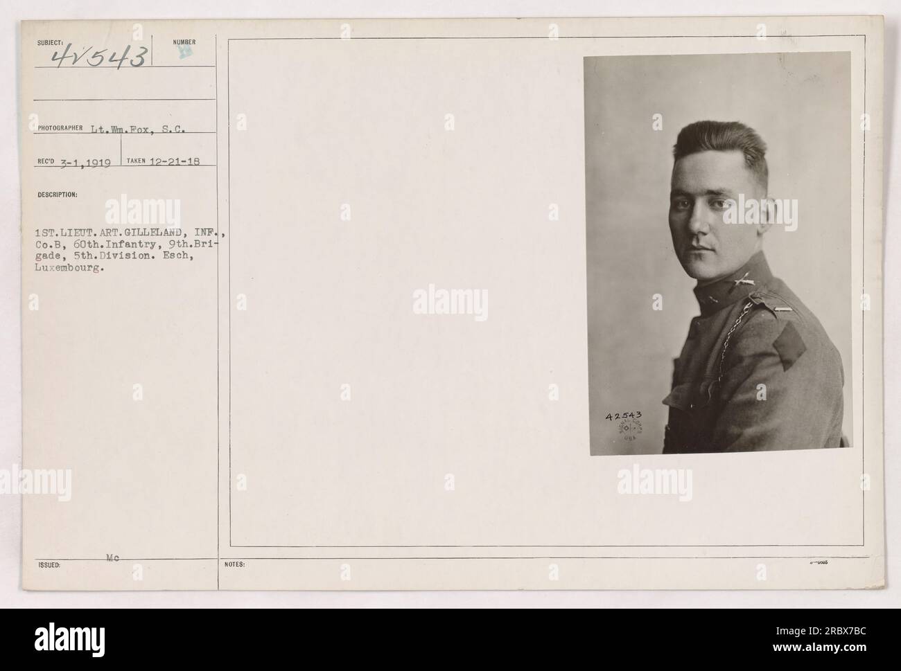 1st Lieutenant Art Gilleland of Co. B, 60th Infantry, 9th Brigade, 5th Division captured in a photograph taken on December 21, 1918, in Esch, Luxembourg by Lieutenant William Pox, S.C. This photo is labeled 111-SC-42543. Stock Photo