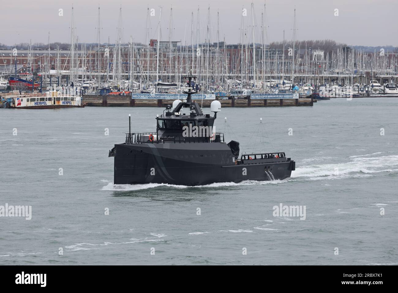 The Royal Navy experimental vessel XV PATRICK BLACKETT (X01) leaving harbour to continue its role as a trials platform Stock Photo