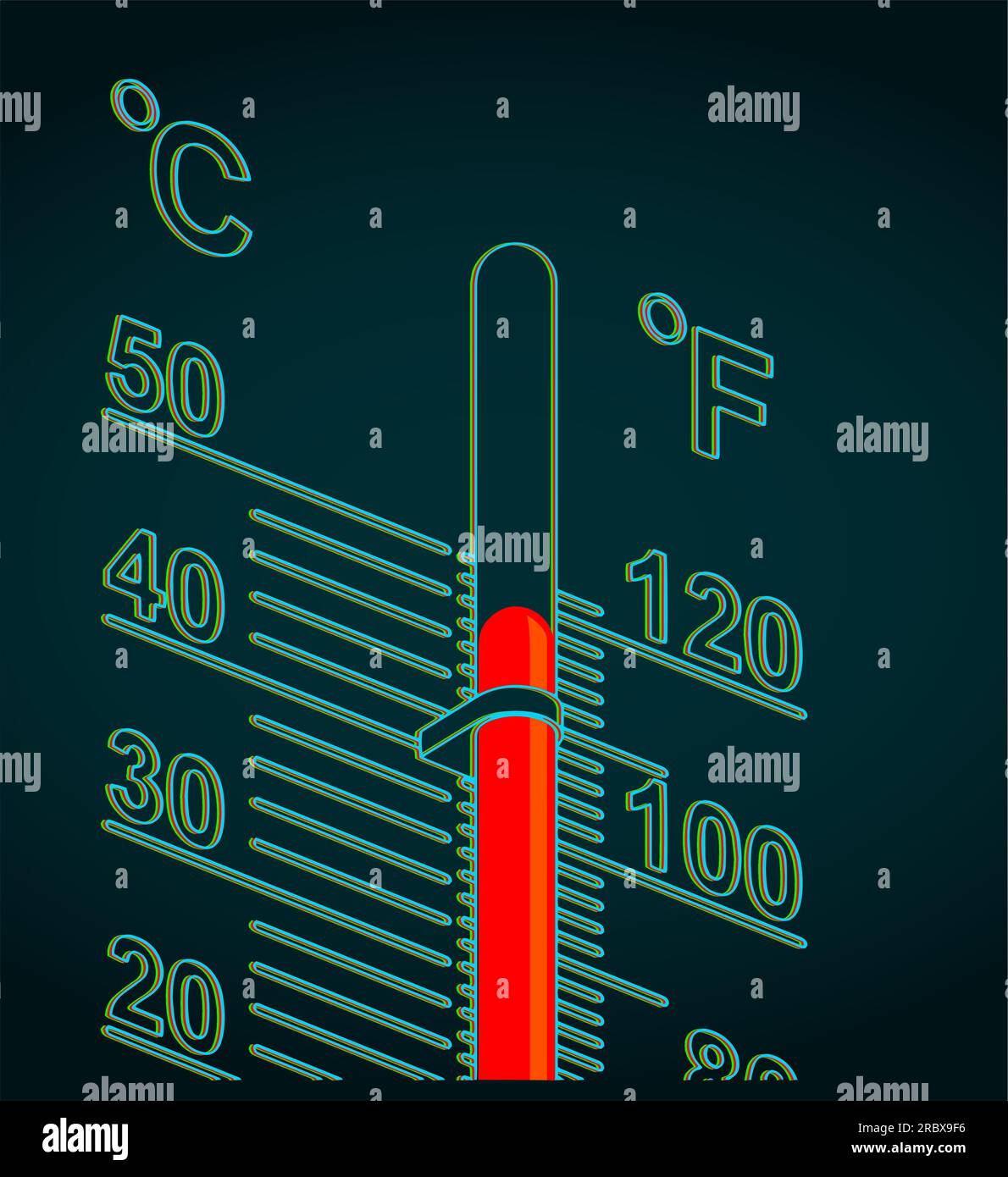 Stylized vector illustration of a thermometer with high temperature on