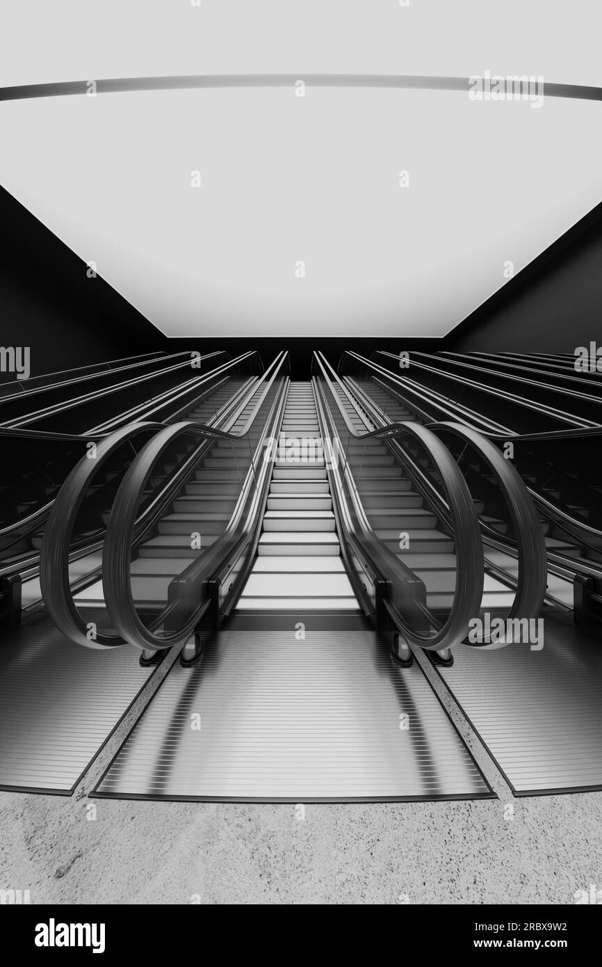 Escalators staircase made of steel and aluminum, surrounded by a dark industrial environment illuminated by large ceiling lights. Perfect for urban tr Stock Photo