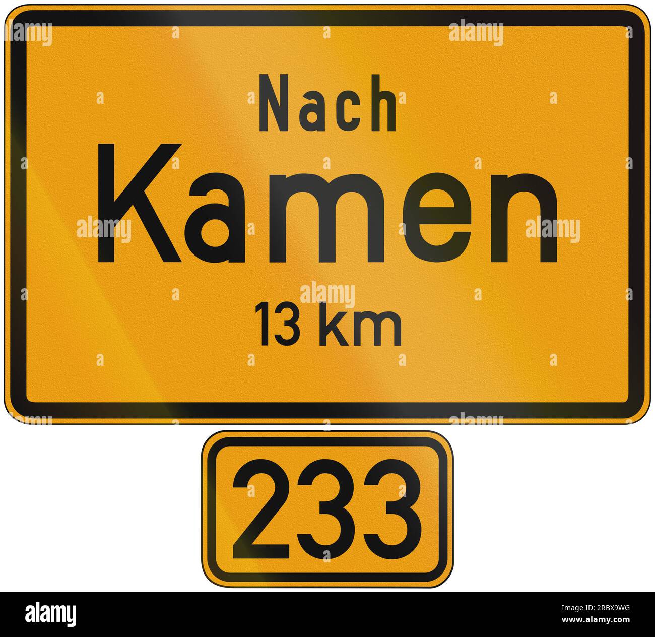 Old design (1956) of a sign telling the distance to the city of Kamen on the federal road number 233. The text means: To Kamen 13 km Stock Photo