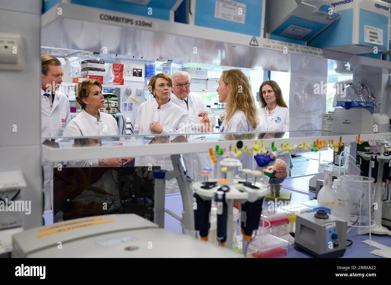 Luxemburg, Luxembourg. 11th July, 2023. Federal President Frank-Walter Steinmeier (r.f.r) and his wife Elke Büdenbender (M) visit the Luxembourg Centre for Systems Biomedecine (LCSB) together with Grand Duke Henri of Luxembourg (l) and Grand Duchess Maria Teresa of Luxembourg (2nd from left) and are informed about Parkinson's research by Prof. Dr. Anne Grünewald. President Steinmeier and his wife are in Luxembourg for a two-day official visit. Credit: Bernd von Jutrczenka/dpa/Alamy Live News Stock Photo