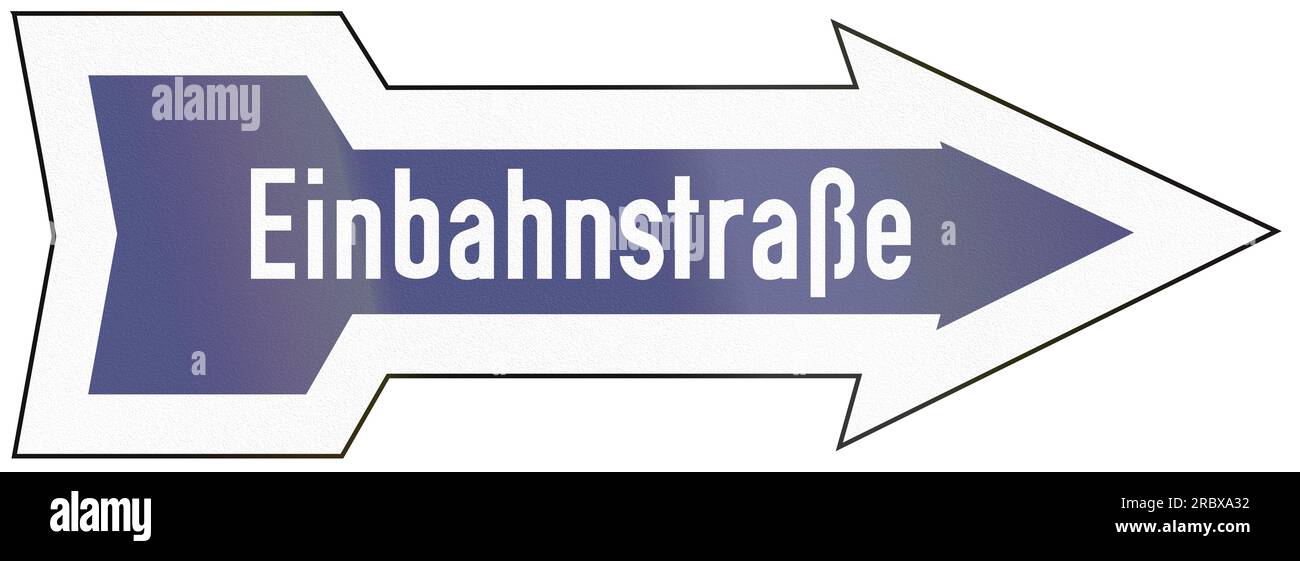 Old design (1956) of a German one-way road sign. Einbahnstrasse means one-way road. Stock Photo