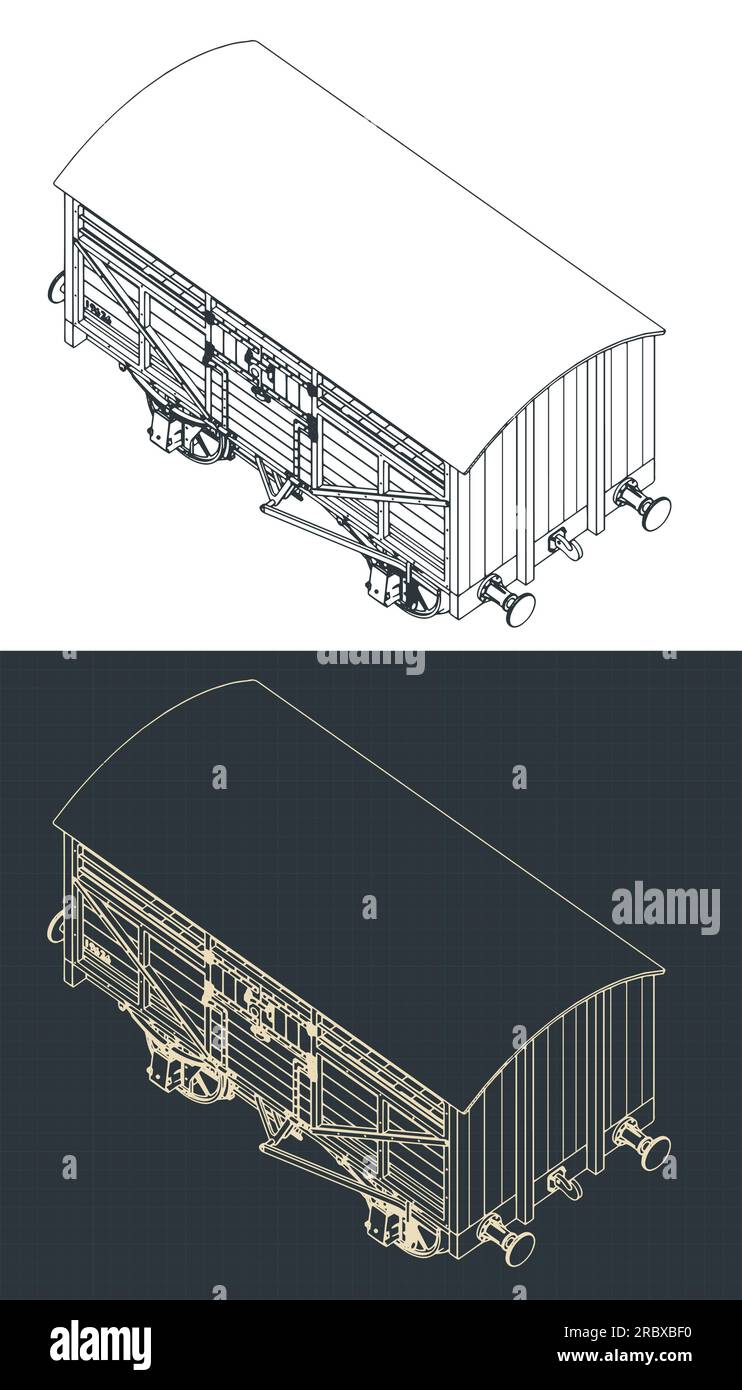 Stylized vector illustrations of isometric blueprints of  retro cattle wagon Stock Vector