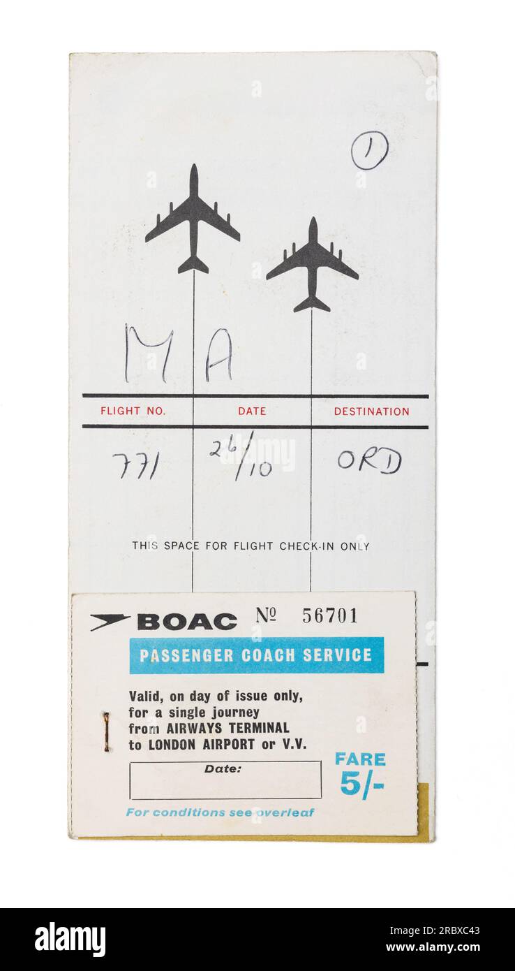 1960s luggage check in card for TWA transatlantic flight to Chicago  from London with attached BOAC bus ticket from central London to London Airport Stock Photo