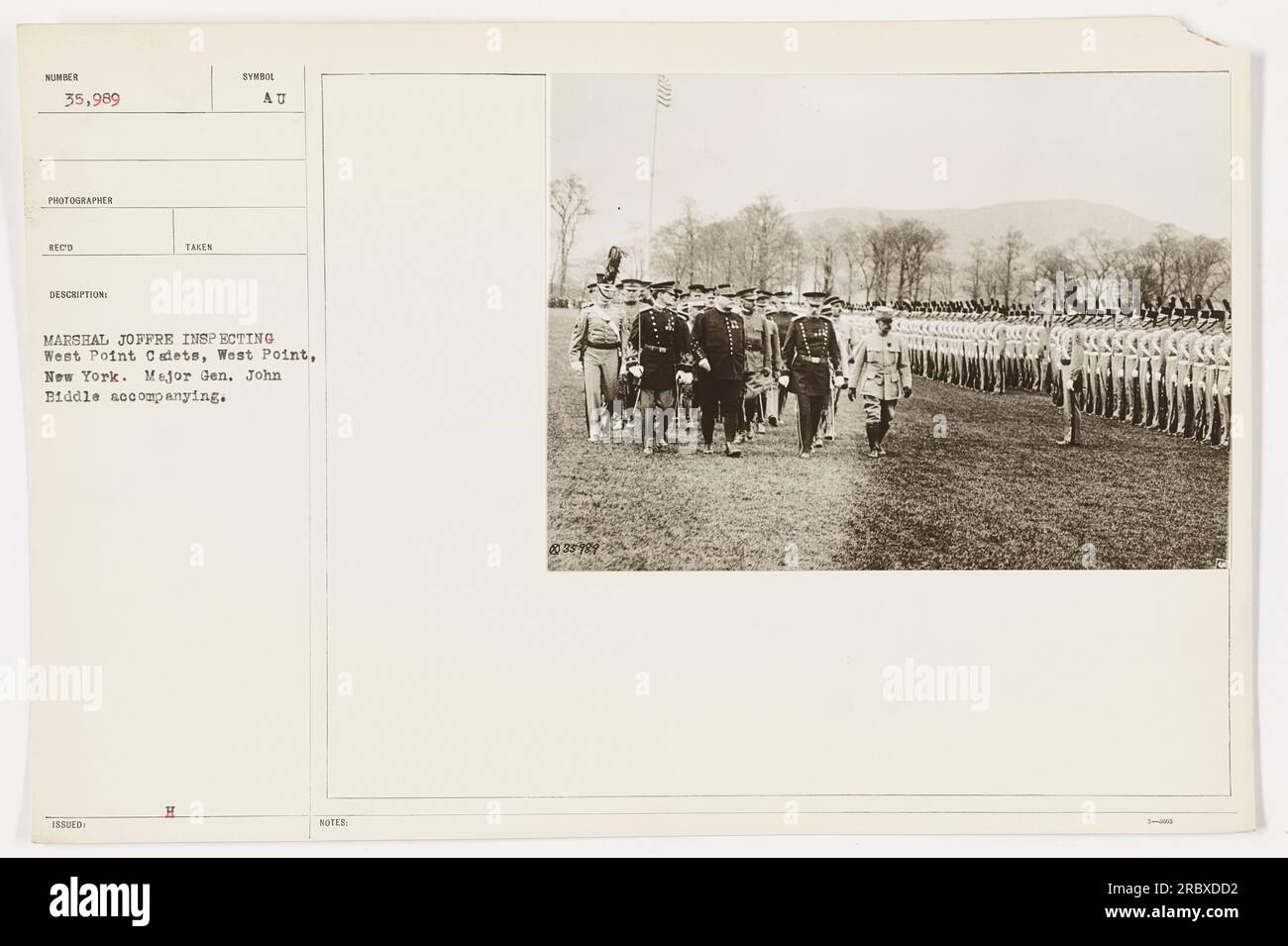 Marshal Joffre inspects West Point Cadets in West Point, New York. Major Gen. John Biddle accompanies him. Stock Photo