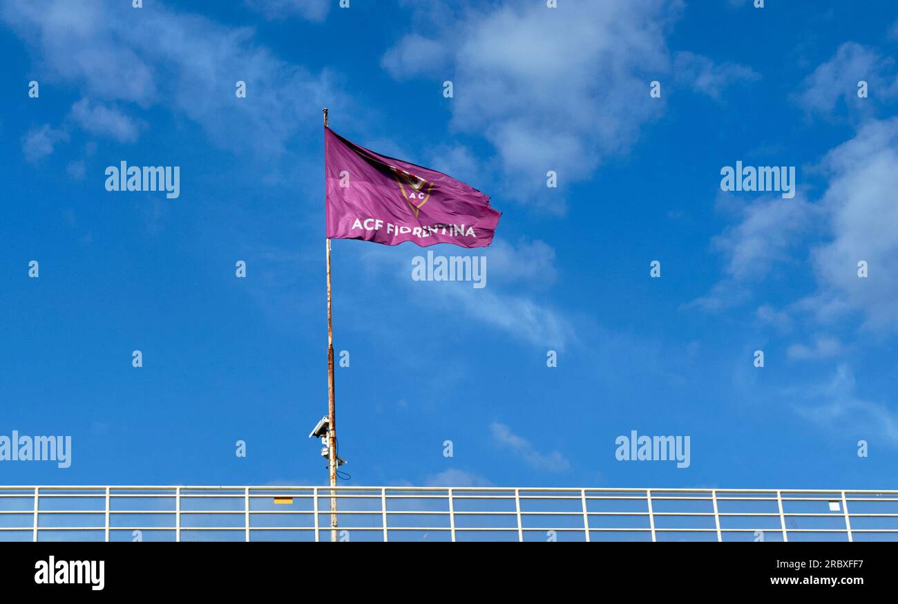 Flag over Artemio Franchi arena - the official home ground of FC Fiorentina, Florence Stock Photo
