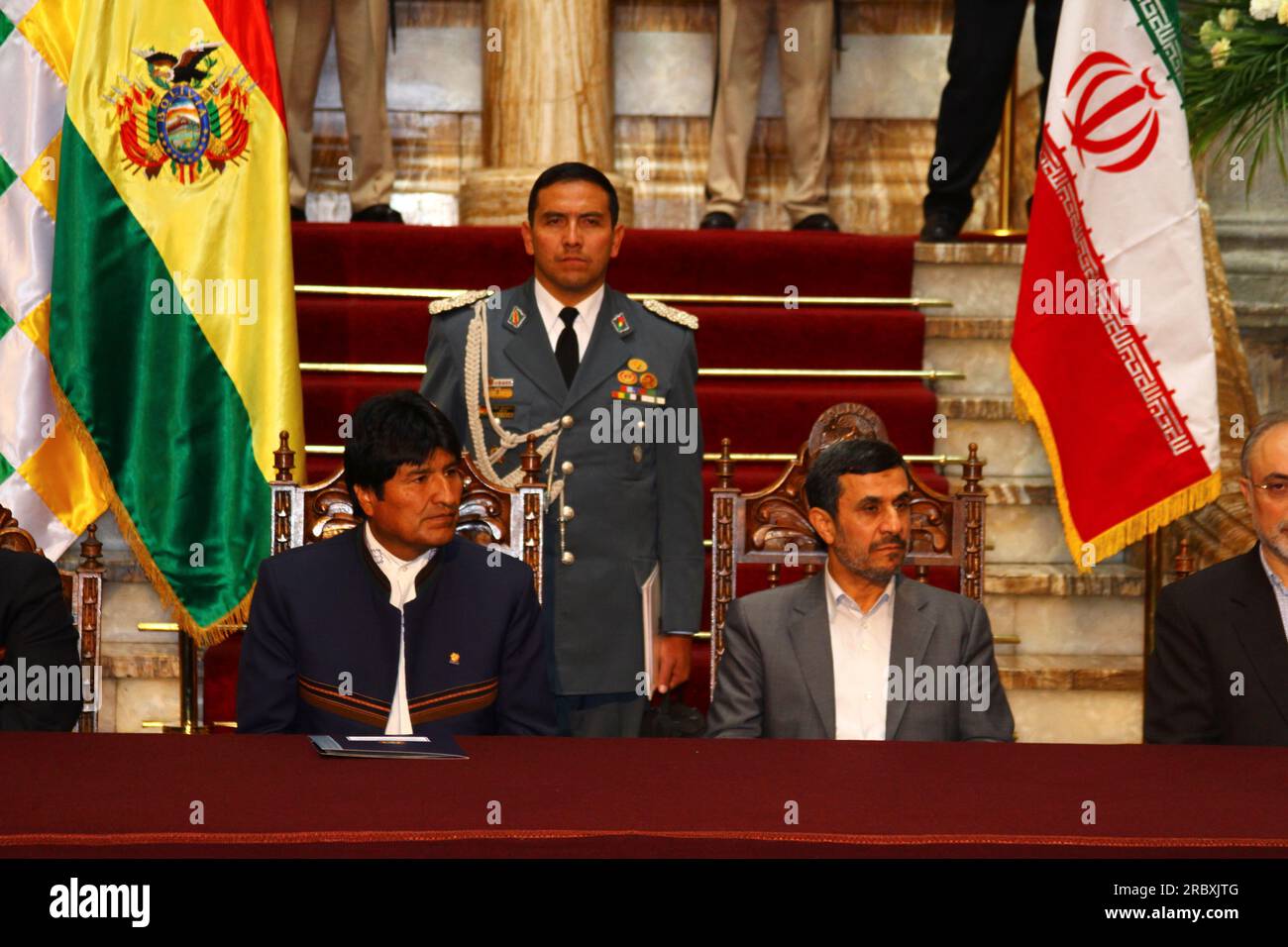 LA PAZ, BOLIVIA, 19th June 2012. Bolivian president Evo Morales Ayma (left) and Iranian president Mahmoud Ahmadinejad (right of centre) during a press conference after a meeting in the Presidential Palace in La Paz. During the meeting the presidents revised previous bilateral agreements, promised to continue developing political and economic relations and cooperate in the fight against the drug trade. Iran is already supporting and financing industrial, health and sanitation projects in Bolivia. Stock Photo