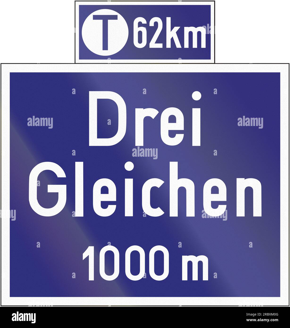 German highway sign announcing a road service (Rasthof) with additional sign informing about the distance to the next fuel station. Stock Photo