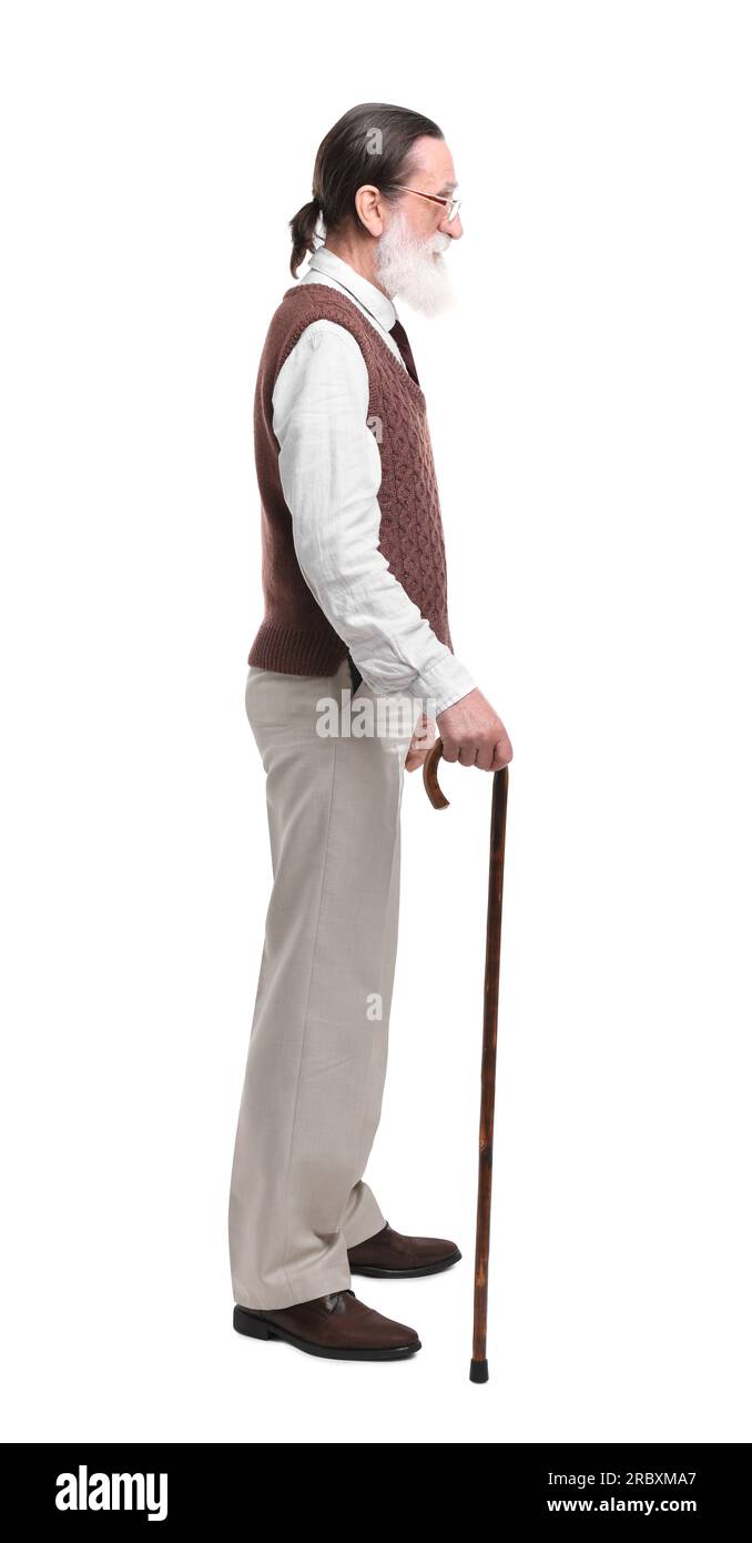Senior man with walking cane on white background Stock Photo - Alamy