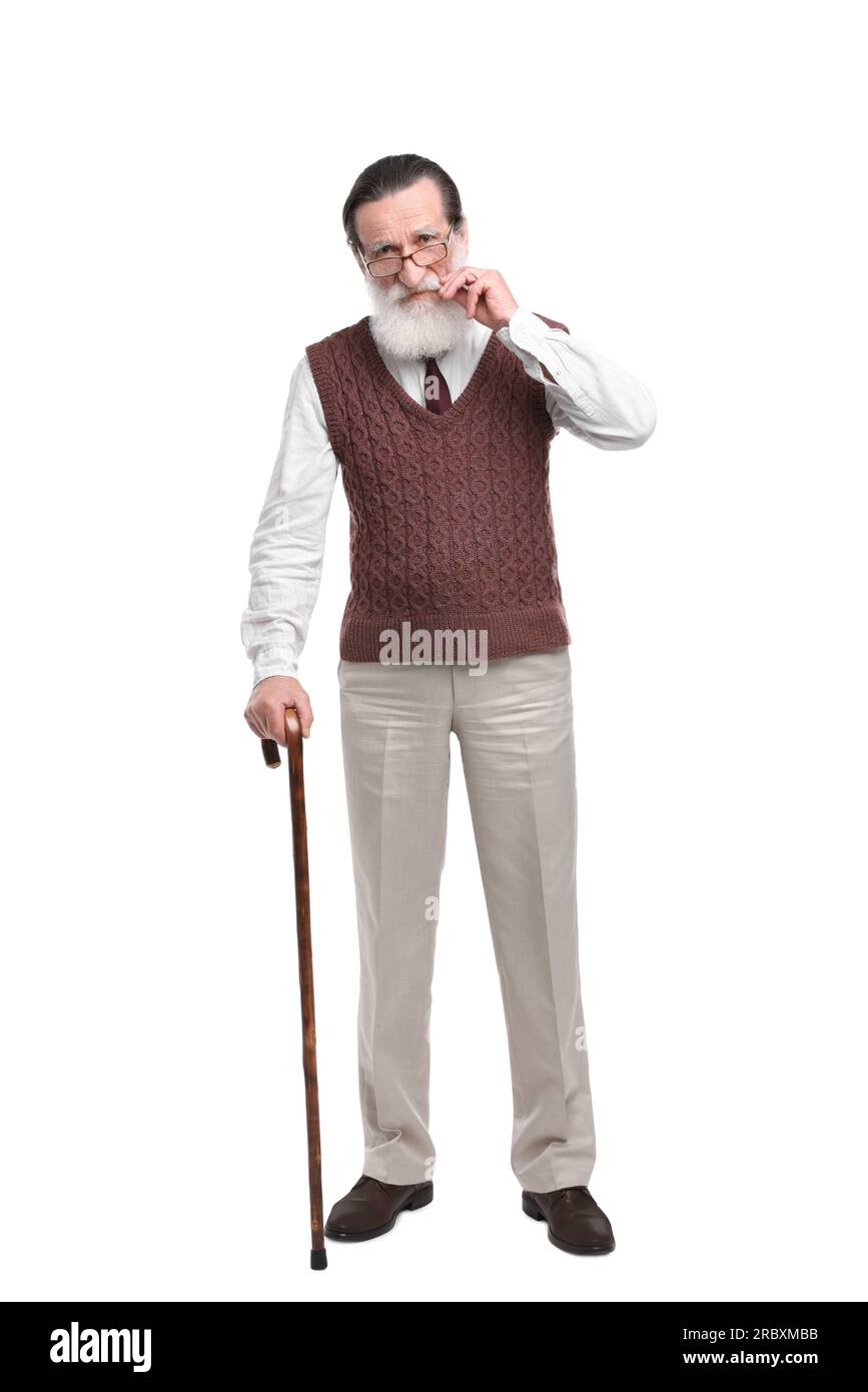 Senior man with walking cane on white background Stock Photo - Alamy