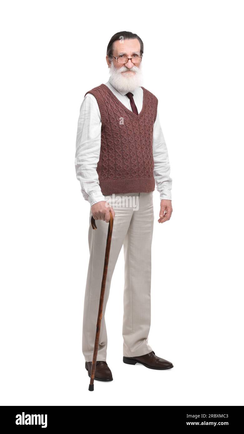Senior man with walking cane on white background Stock Photo - Alamy