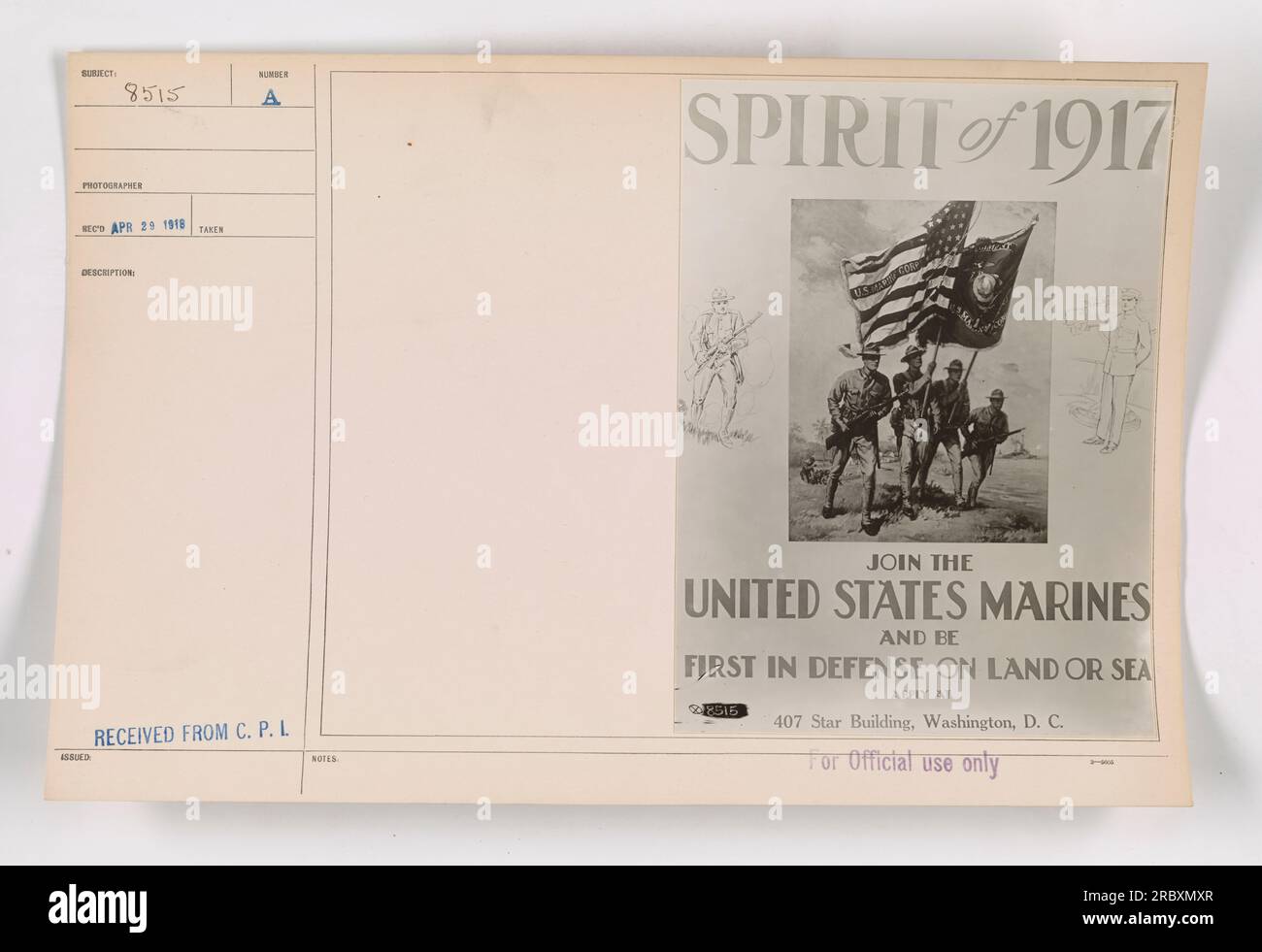 An advertisement urging people to join the United States Marines, printed on April 29, 1918 in the SPIRIT of 1917 publication. The advertisement encourages individuals to apply at 22515 407 Star Building, Washington, D. C. It emphasizes being the first line of defense on both land and sea. This image is part of the collection of American Military Activities during World War One. Stock Photo