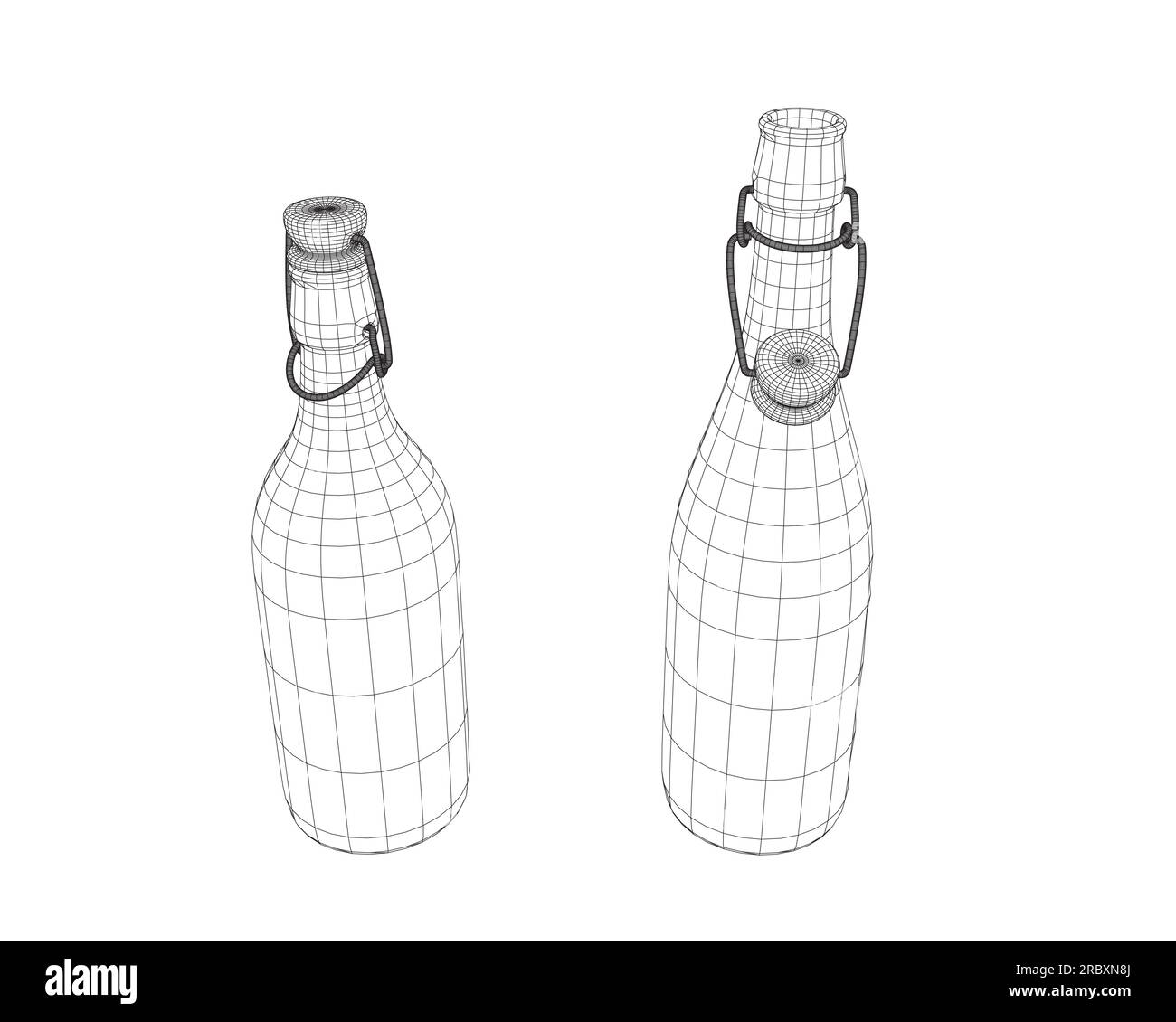 Wireframe wine bottles on white background. Wireframe Open and closed