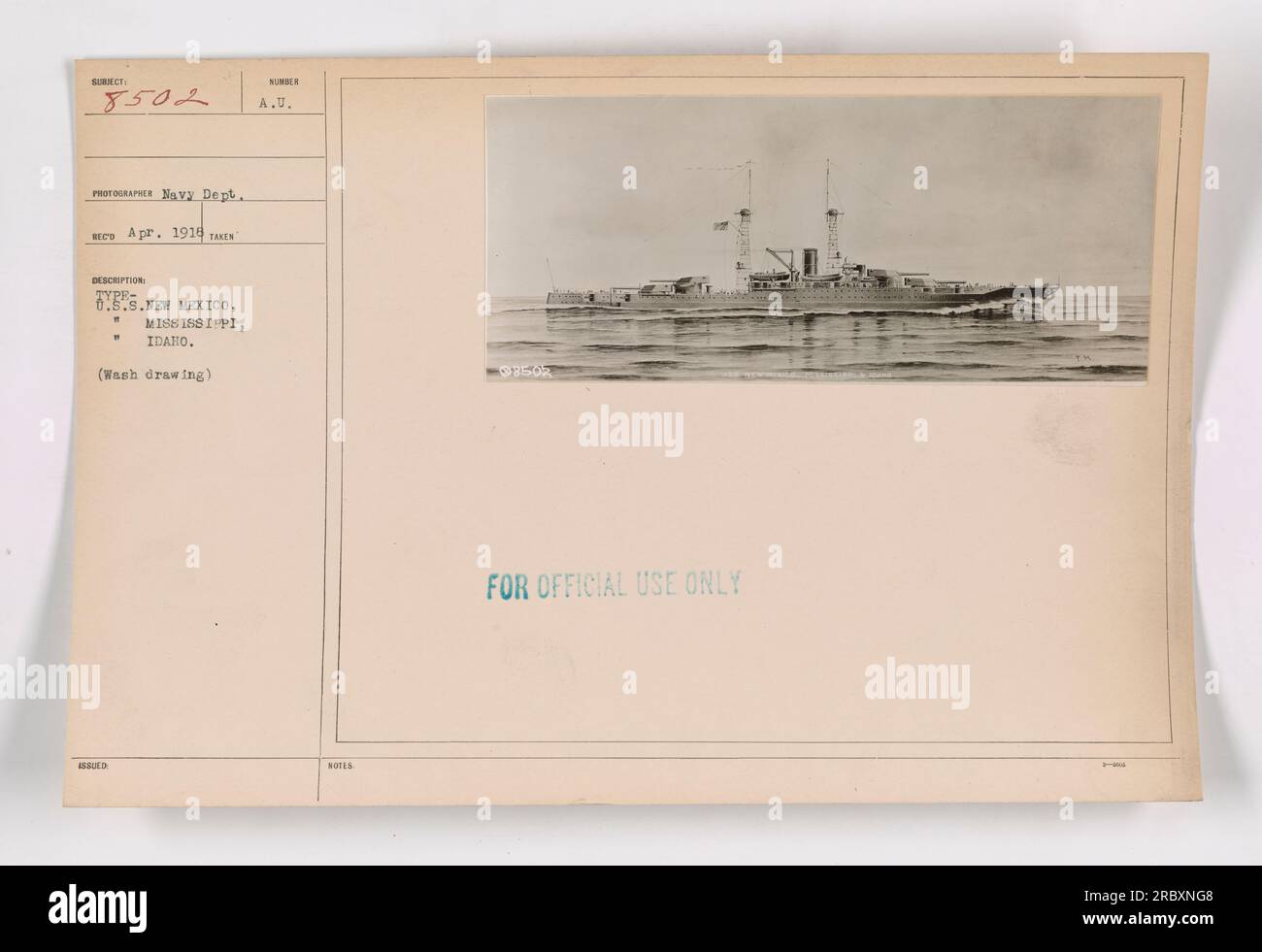 Navy Department photograph taken by the Navy, received in April 1918. The image is a wash drawing depicting the U.S.S. New Mexico, Mississippi, and Idaho. The assigned number for this photograph is A.U. It is marked as 'Notes for official use only.' Stock Photo