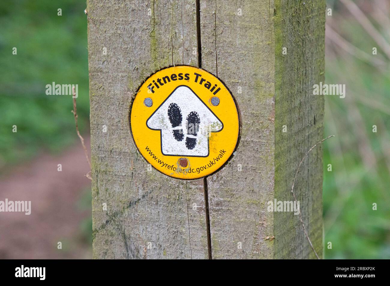 Close up of a fitness trail sign with printed feet sited in a woodland . Stock Photo