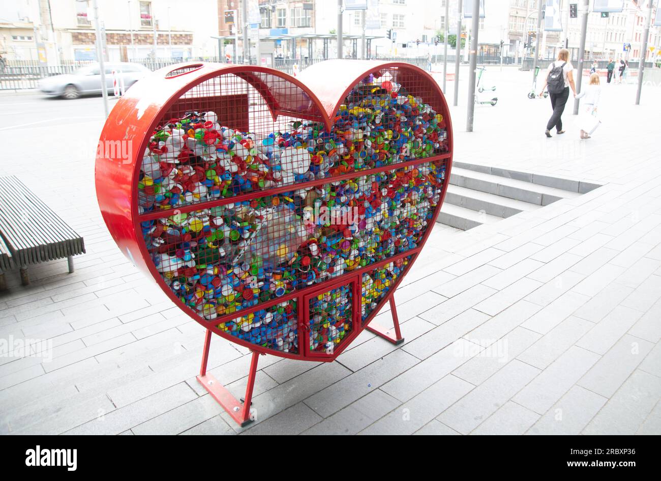 Heart shaped receptacle for bottle tops, in Wroclaw, Poland Stock Photo