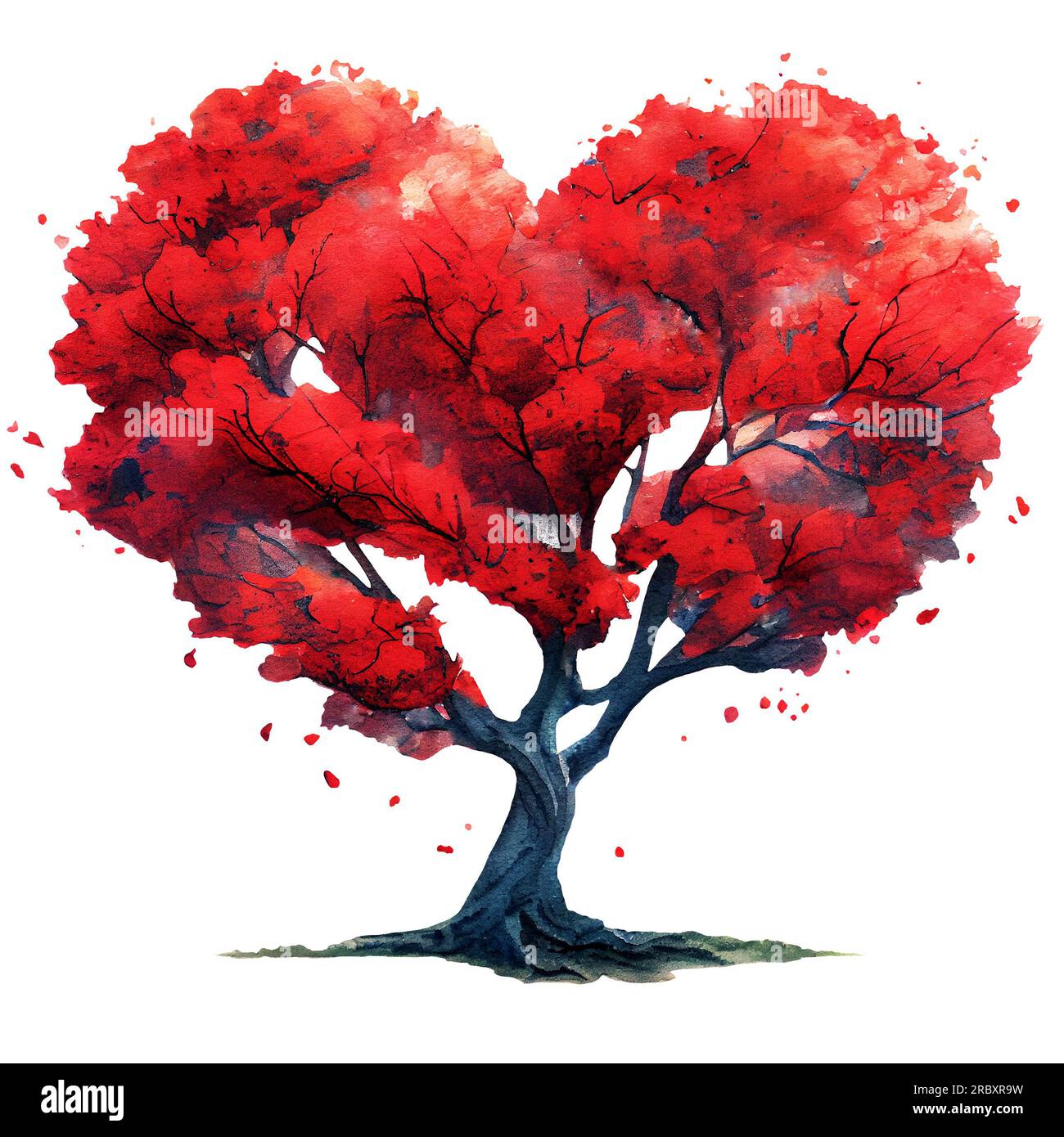 Red heart tree isolated on white background. Watercolor illustration