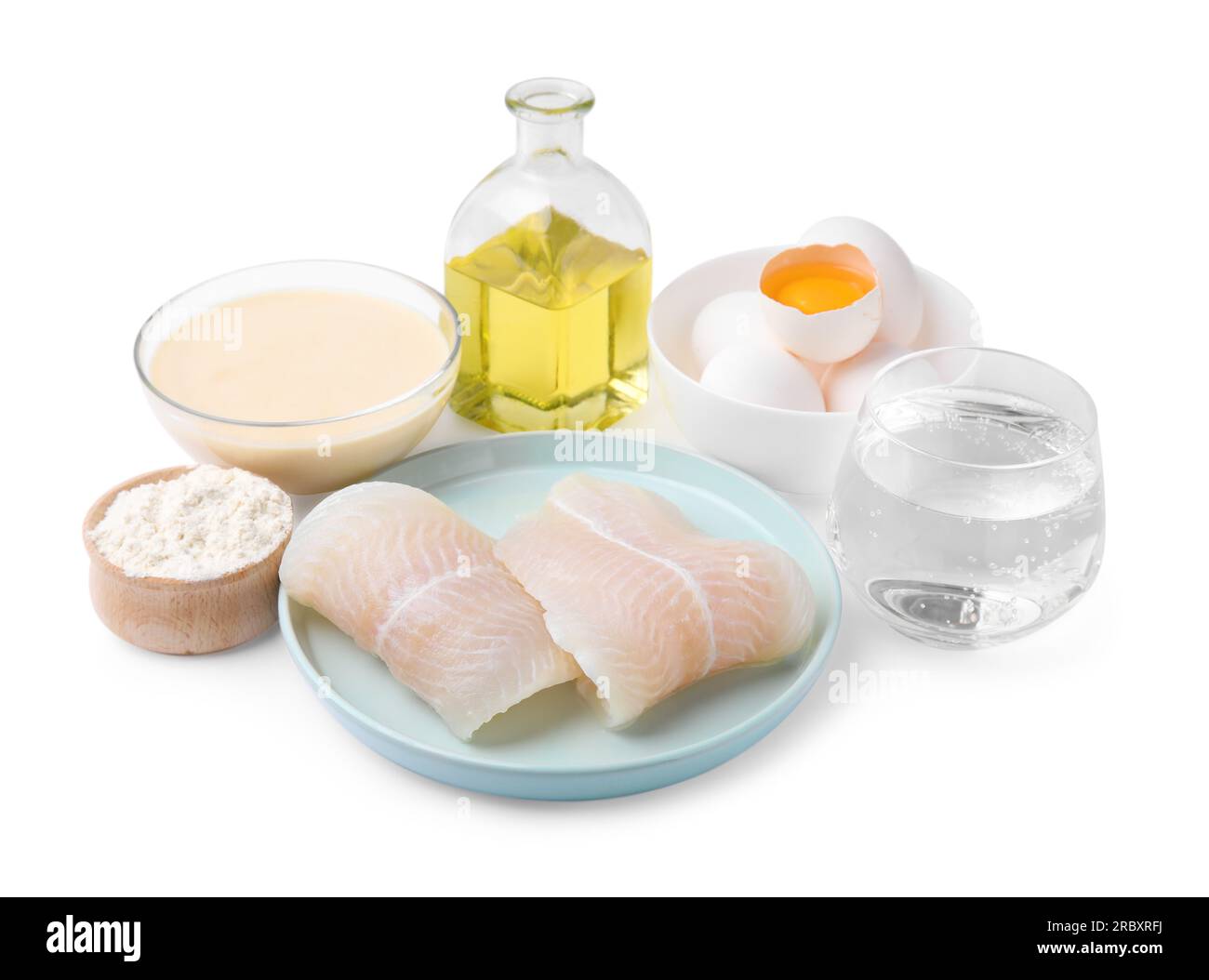 Cooking fish in soda water batter. Different ingredients isolated on