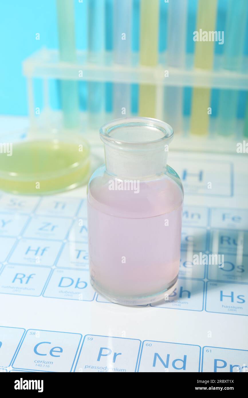 Flask with liquid on periodic table of chemical elements Stock Photo