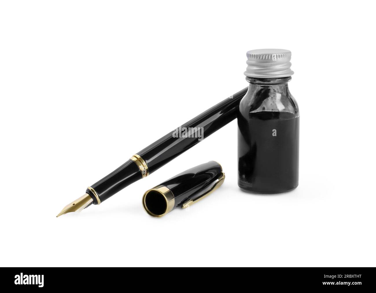 Stylish black fountain pen and inkwell isolated on white Stock Photo