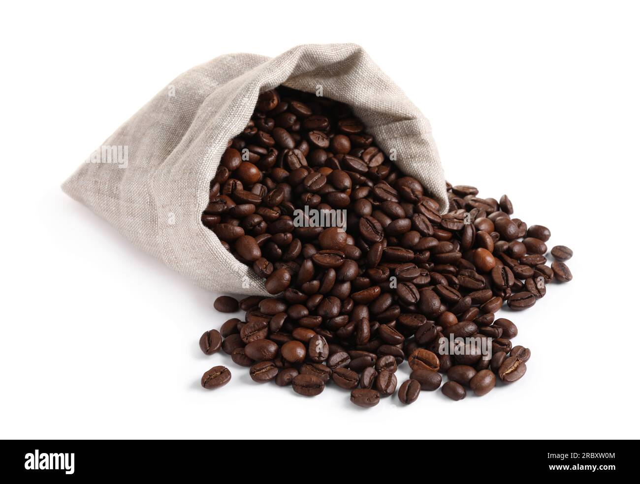 Overturned bag with roasted coffee beans isolated on white Stock Photo