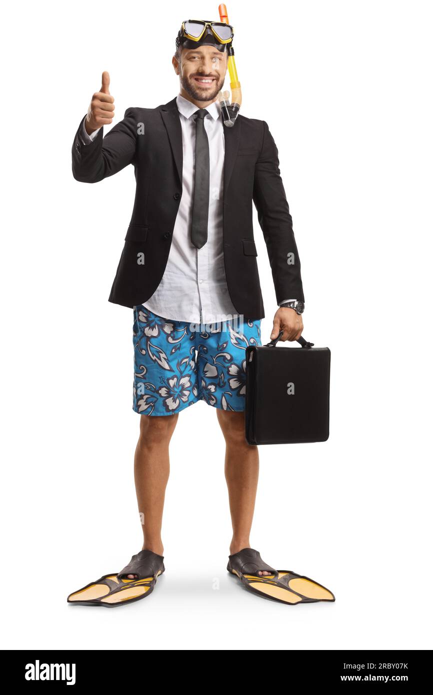 Businessman in a swimsuit with snorkelling fins and mask holding a briefcase and showing thumbs up isolated on white background Stock Photo