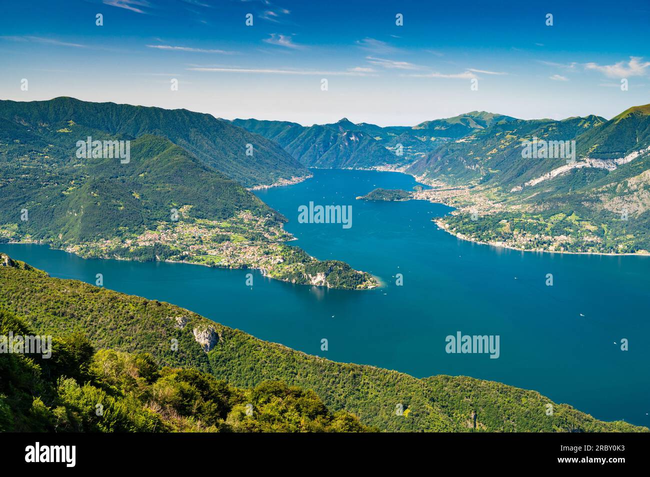 Lake Como, photographed from Mount San Defendente, in Esino Lario, showing Bellagio, Punta Balbianello, and the mountains of the lake, on a summer day Stock Photo