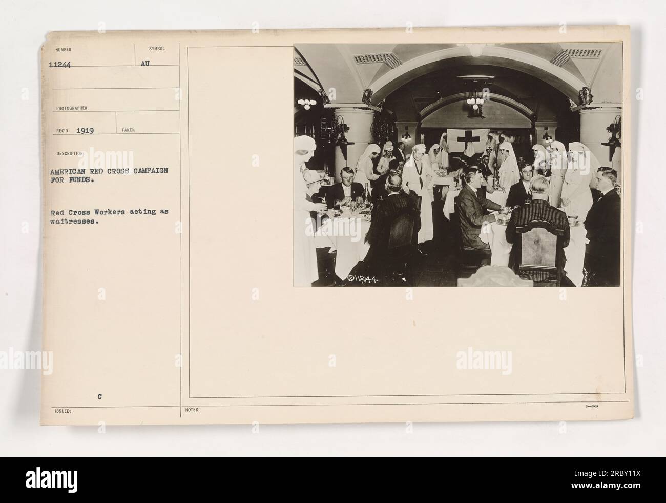 Red Cross Workers serving as waitresses during the American Red Cross campaign for funds. This photograph, numbered 11244, was taken in 1919 and received by the photographer. The image shows a scene from the Syndol event, where American Red Cross employees energetically participate in this fundraising effort. Stock Photo