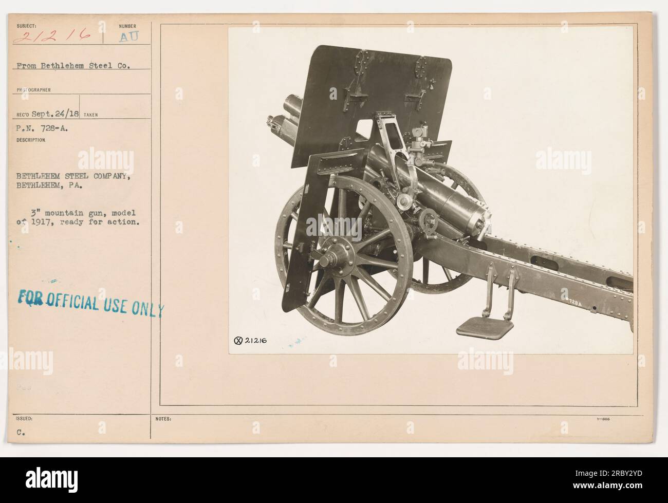 A 3' mountain gun, model of 1917, manufactured by Bethlehem Steel Company in Bethlehem, Pennsylvania, is seen in this photograph. The gun is depicted as ready for action. The image is an official release and marked with the number 21216 and P.N. 728-A. It was received on September 24, 1918. Stock Photo