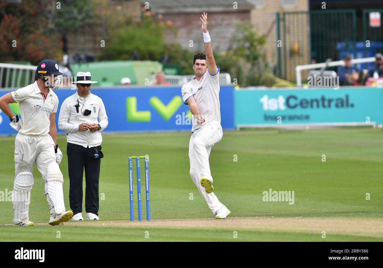 Hove UK 11th July 2023 - Henry Shipley bowling for Sussex against Derbyshire during day two of the LV= Insurance County Championship cricket match at the 1st Central County Ground in Hove : Credit Simon Dack /TPI/ Alamy Live News Stock Photo