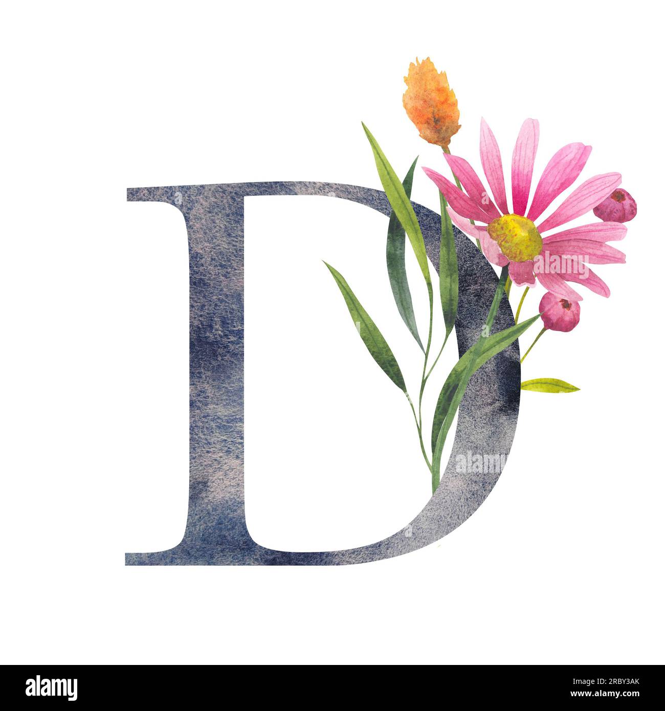 Letter D with watercolor wildflowers. Floral alphabet, set isolated letters with botanical bouquet. monogram initials perfectly for wedding invitation Stock Photo