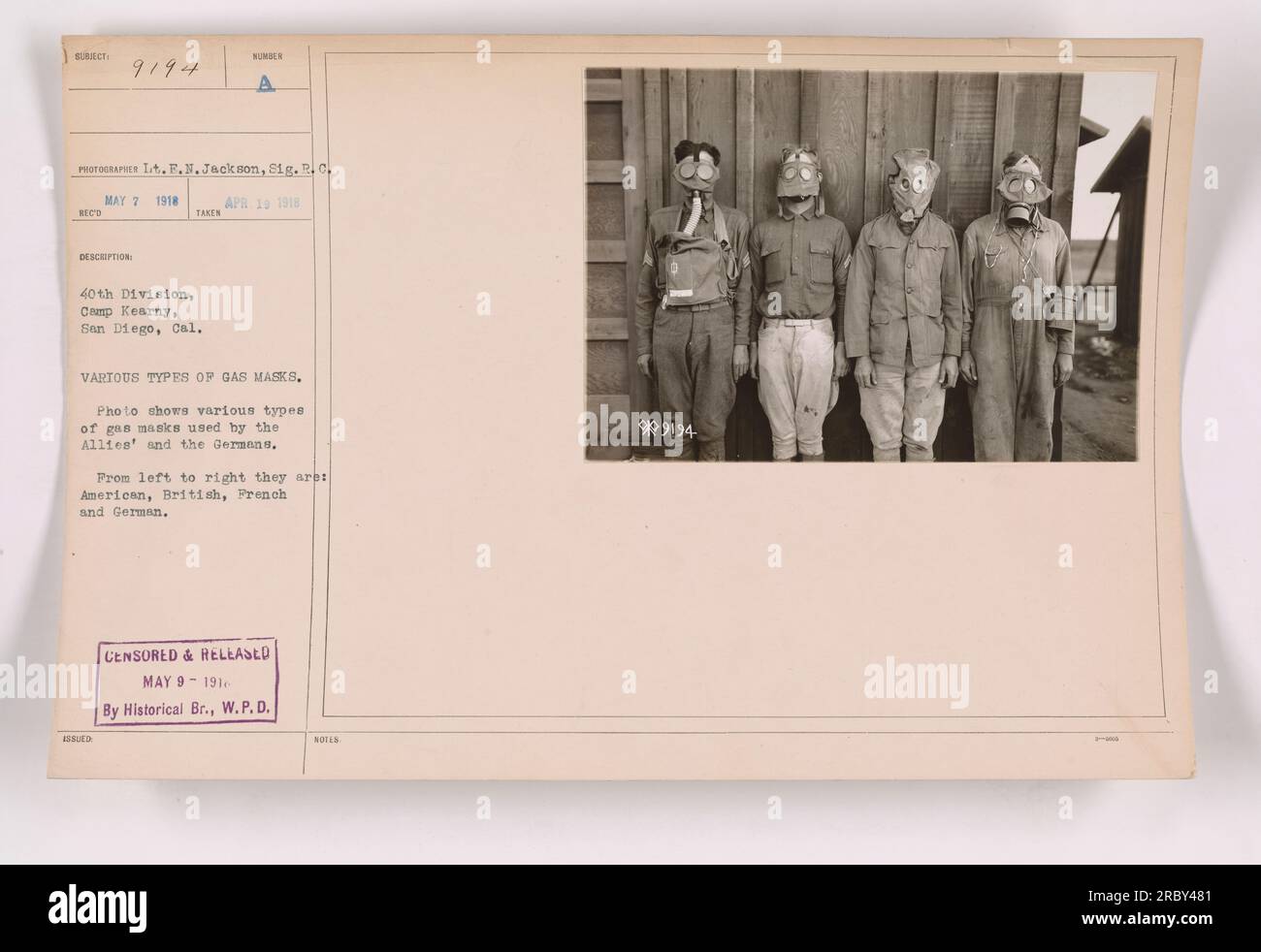 Various types of gas masks used by the Allies and the Germans during World War I. From left to right: American, British, French, and German. Photograph taken on April 19, 1918, at Camp Kearny, San Diego, California. Released on May 9, 1918, by the Historical Branch of the War Plans Division. Stock Photo