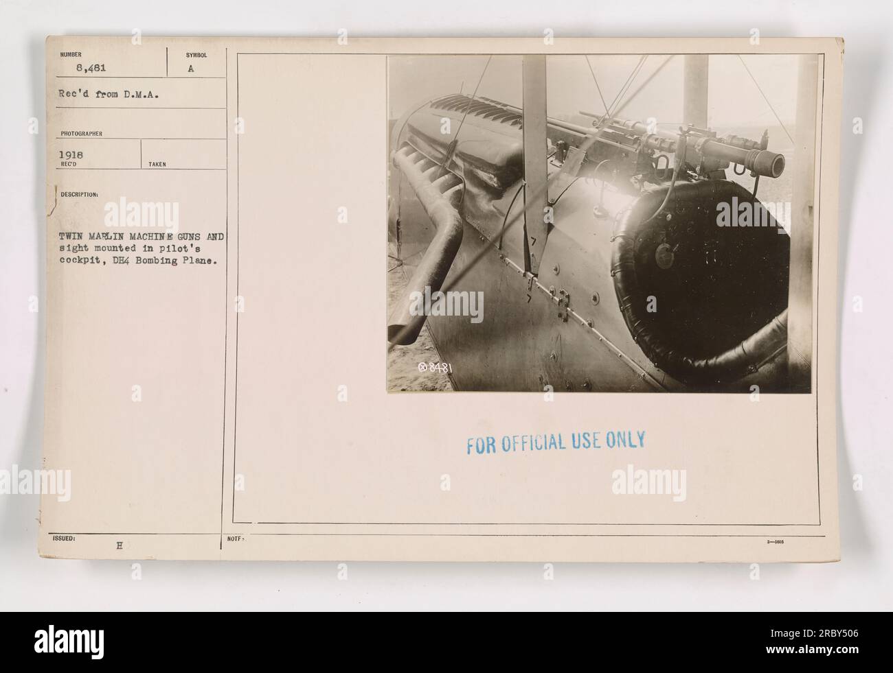 Photograph depicting a De Havilland DH.9 aircraft, equipped with twin Marlin machine guns mounted in the pilot's cockpit, used for reconnaissance missions during World War One. The photograph is labeled with identification number 8,481 and was taken by a photographer from the D.M.A. It is marked as 'DECEPTION ISSUED' with the symbol 'H' and should be considered 'FOR OFFICIAL USE ONLY.' Stock Photo