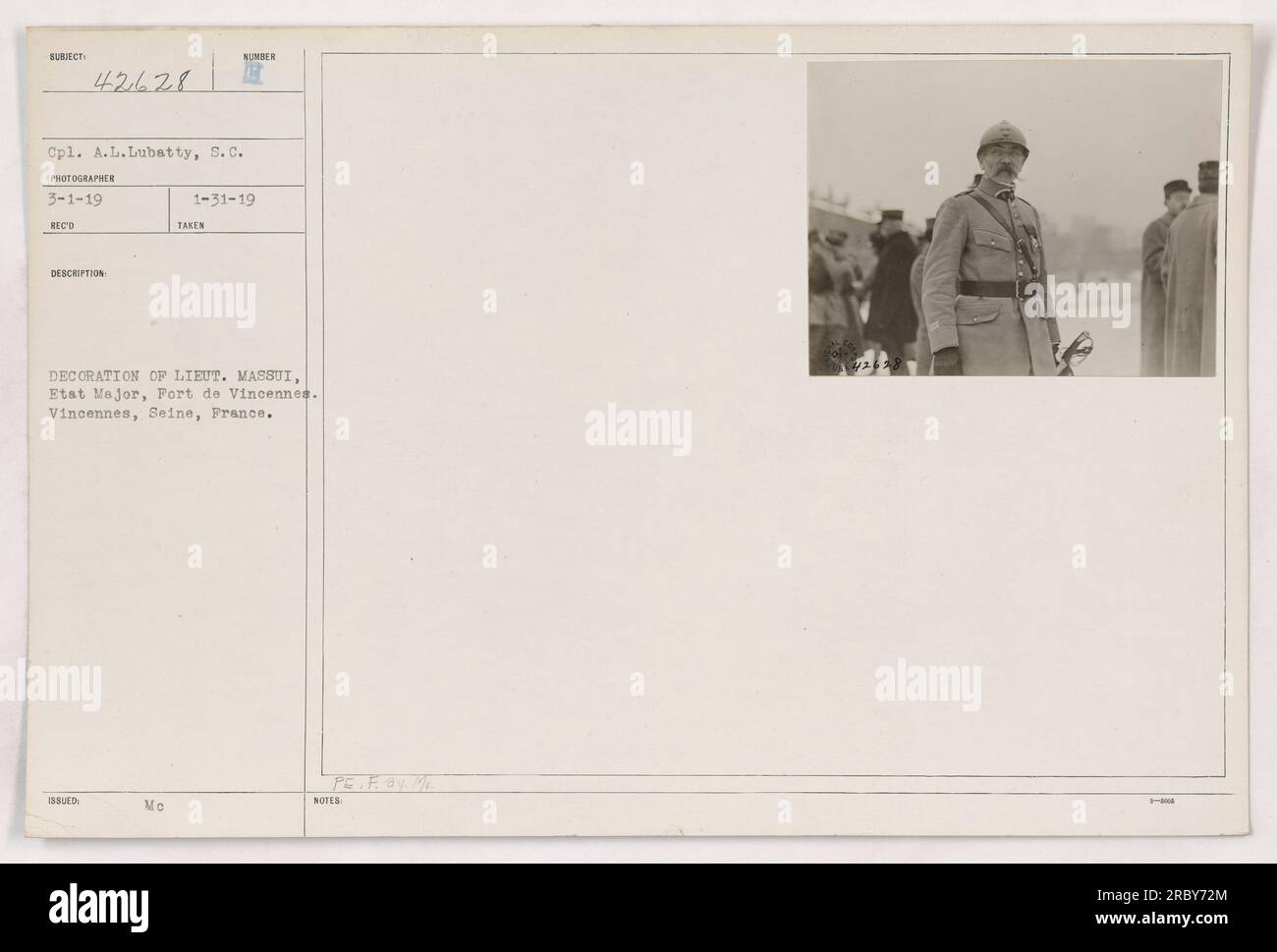 Cpl. A.L. Lubatty of the Signal Corps photographed the decoration of Lieutenant Massui from the Etat Major at Fort de Vincennes in Vincennes, Seine, France. This image was taken on December 1, 1919. Stock Photo