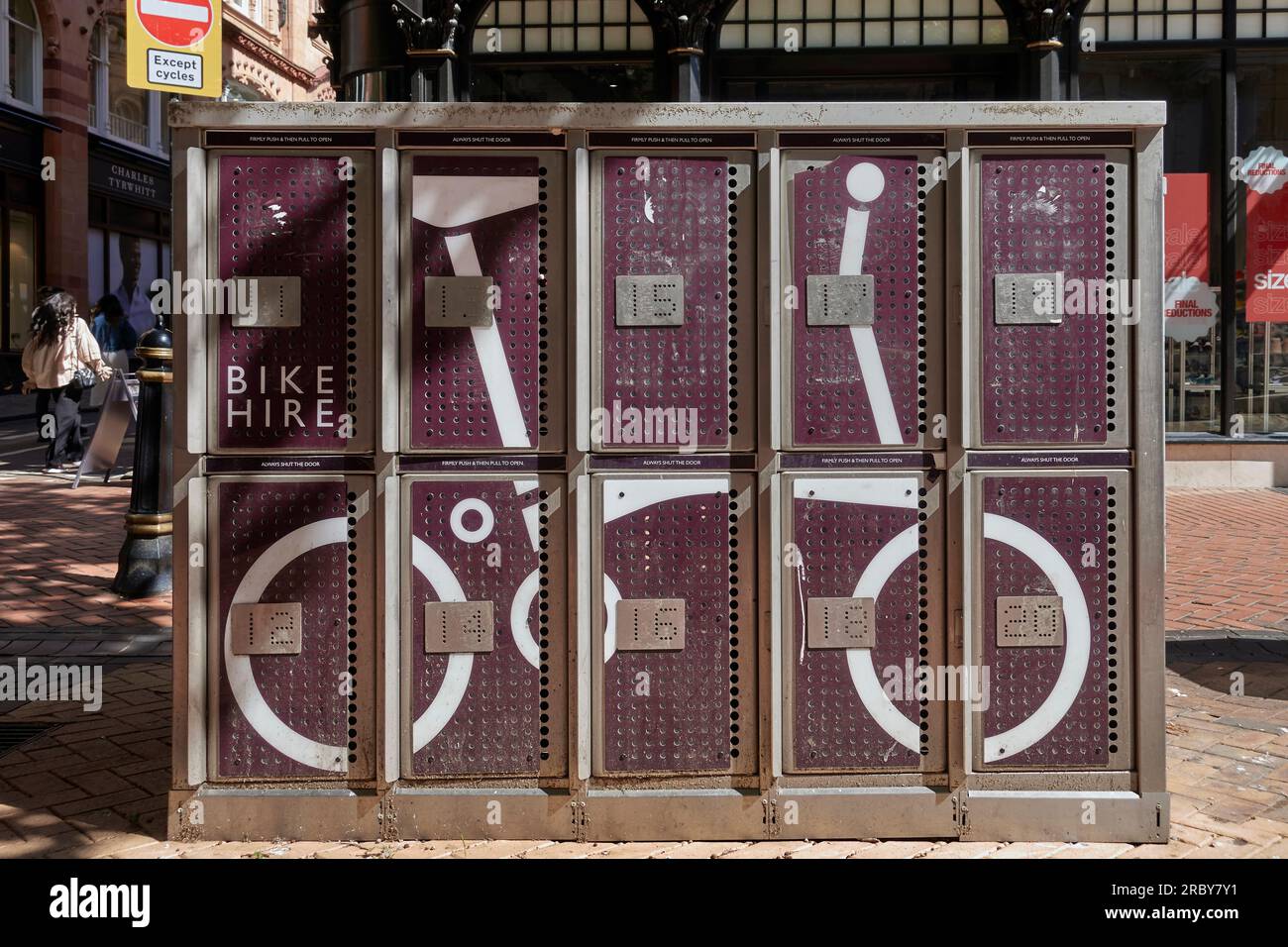 Bike hire repository for folding bicycle hire, New Street, Birmingham, England UK. Brompton Bike hire Stock Photo