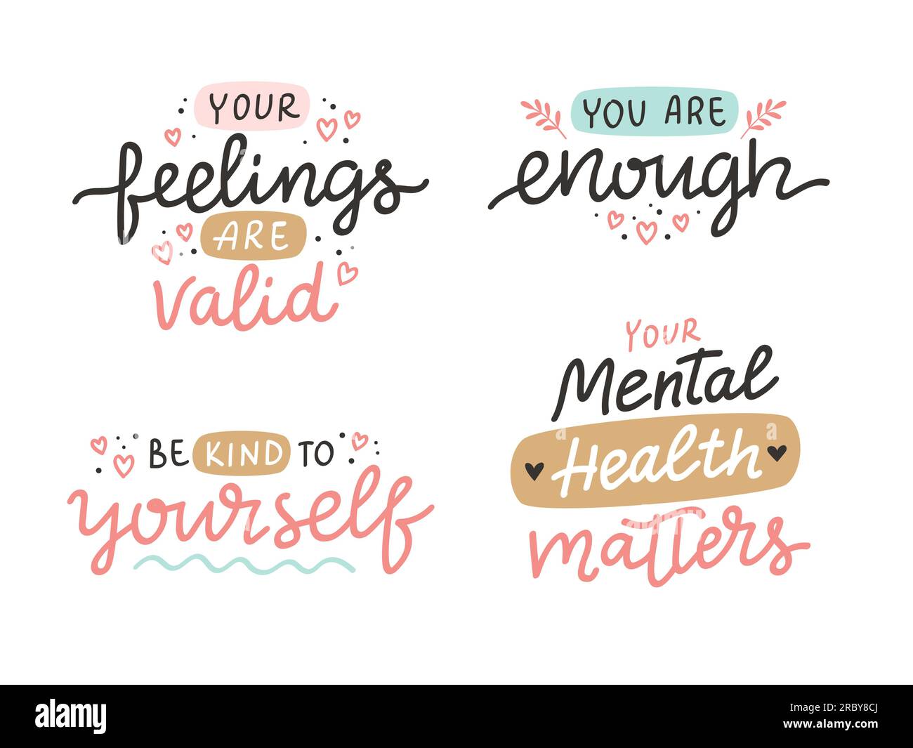 Mental health lettering inspirational positive quotes set vector hand