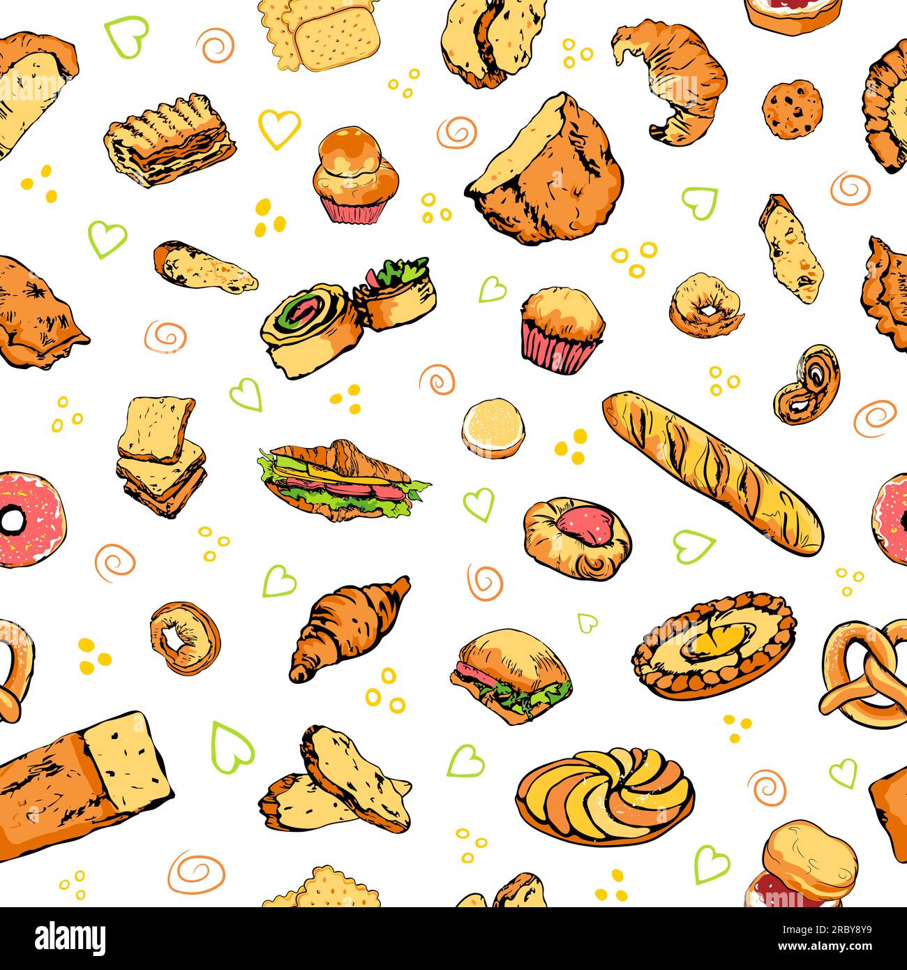 Colored hand drawn bread and bakery pattern Stock Vector