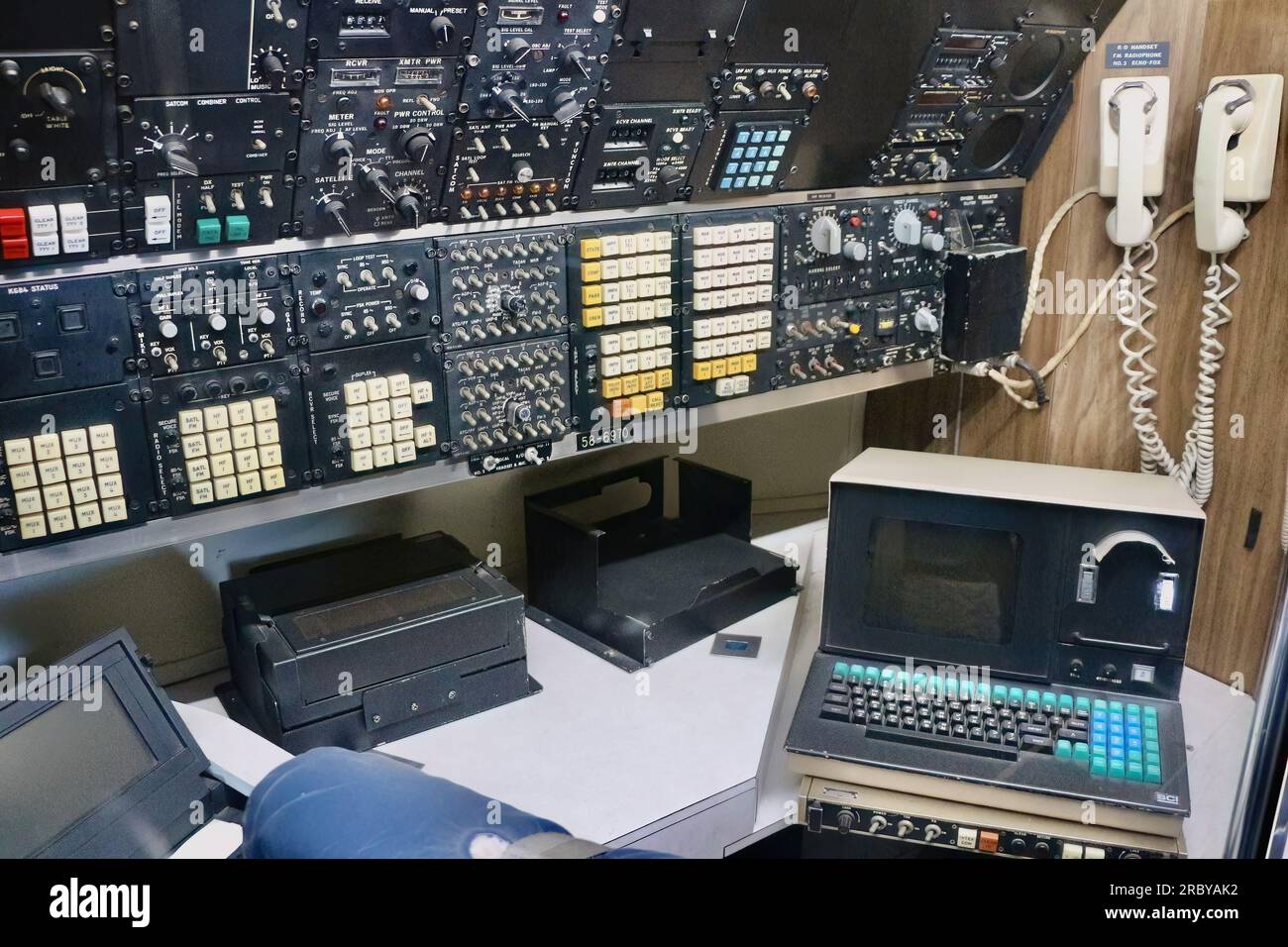 Command post on the Boeing VC-137B 'Air Force One' presidential aircraft in the Aviation Pavilion The Museum of Flight Seattle Washington State USA Stock Photo