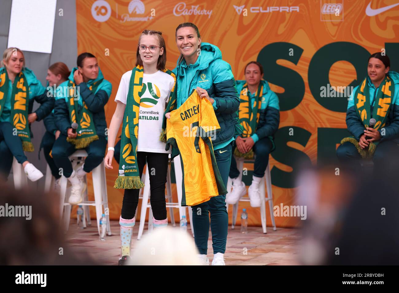 Melbourne, Australia. 11th July, 2023. Steph Catley of Australia is presented her jersey during the Matildas FIFA Women's World Cup Squad Presentation at Federation Square. Credit: SOPA Images Limited/Alamy Live News Stock Photo