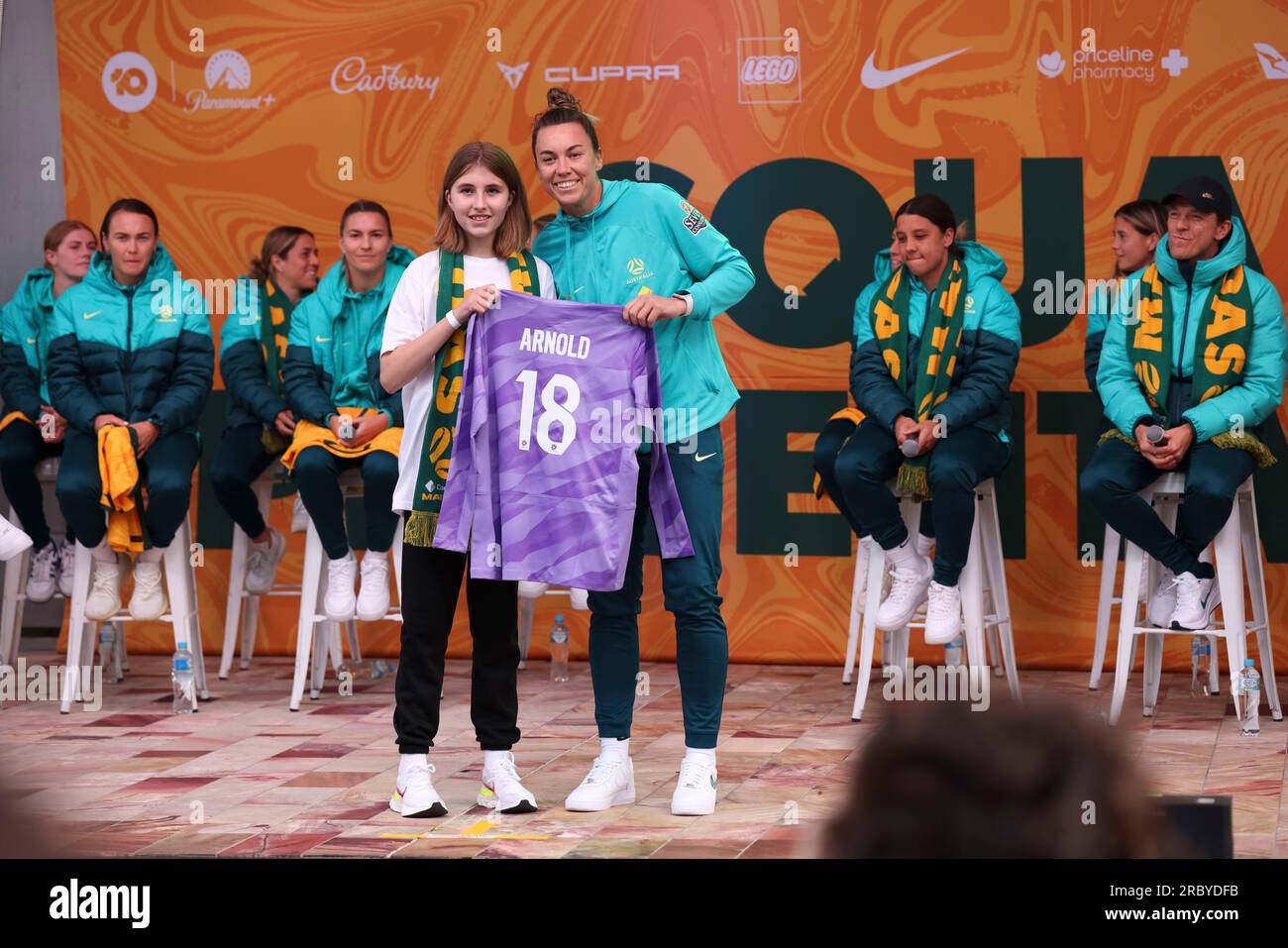 Melbourne, Australia. 11th July, 2023. Mackenzie Arnold of Australia is presented her jersey during the Matildas FIFA Women's World Cup Squad Presentation at Federation Square. Credit: SOPA Images Limited/Alamy Live News Stock Photo