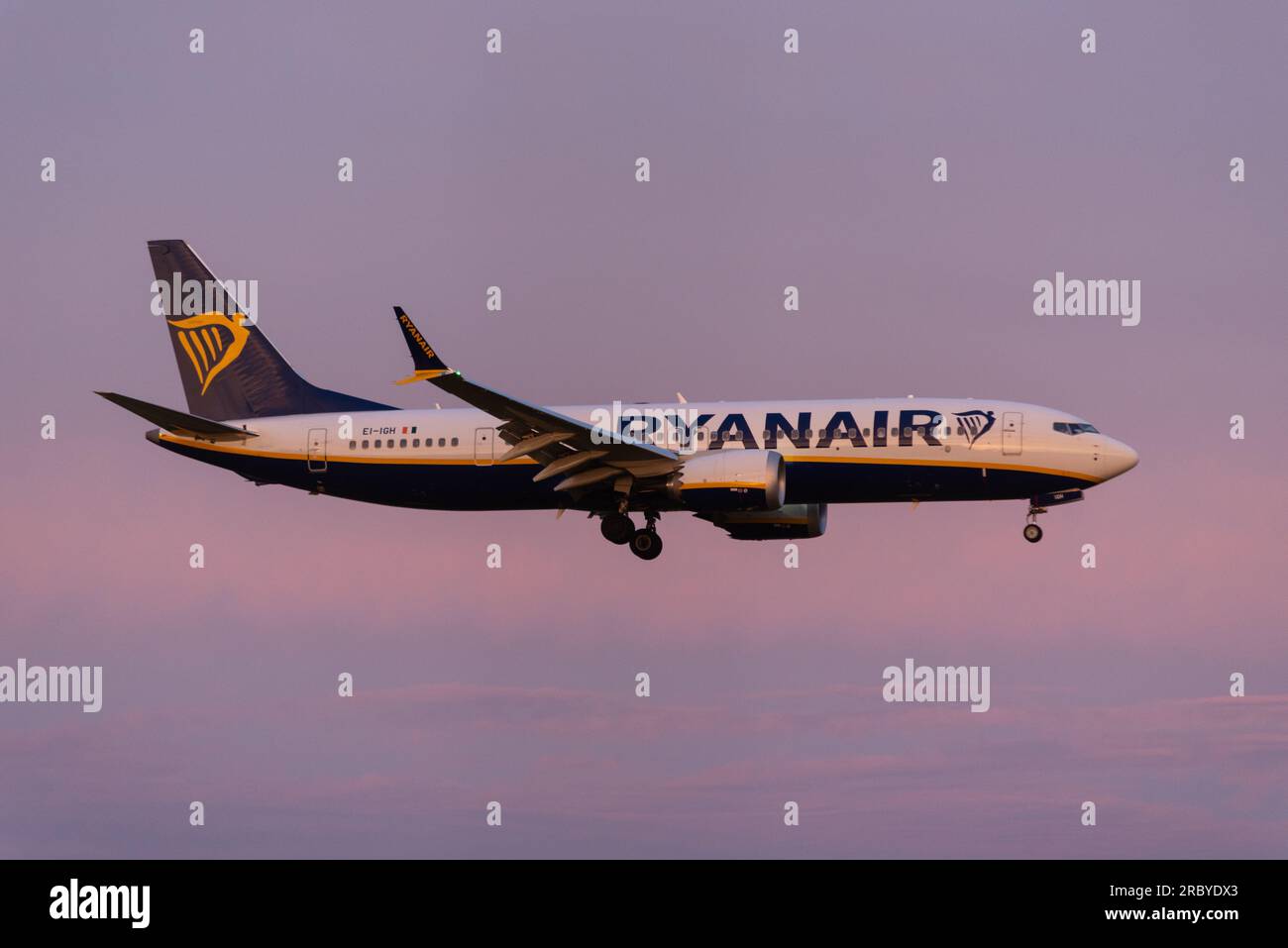 Ryanair Boeing 737 MAX airliner jet plane on finals to land at London Stansted Airport, Essex, UK. Boeing 737-8-200 MAX Stock Photo