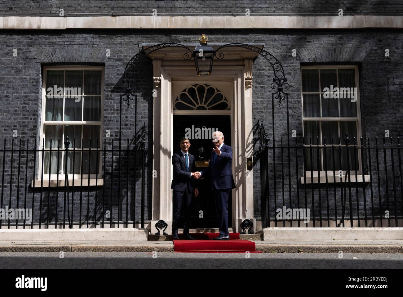 London, United Kingdom. 10th July, 2023. U.S President Joe Biden, right, shakes hands with British Prime Minister Rishi Sunak, on arrival for bilateral discussions to 10 Downing Street, July 10, 2023 in London, England. Biden is the United Kingdom prior to attending the NATO Summit in Lithuania. Credit: Simon Dawson/Simon Dawson/No 10 Downing Street/Alamy Live News Stock Photo
