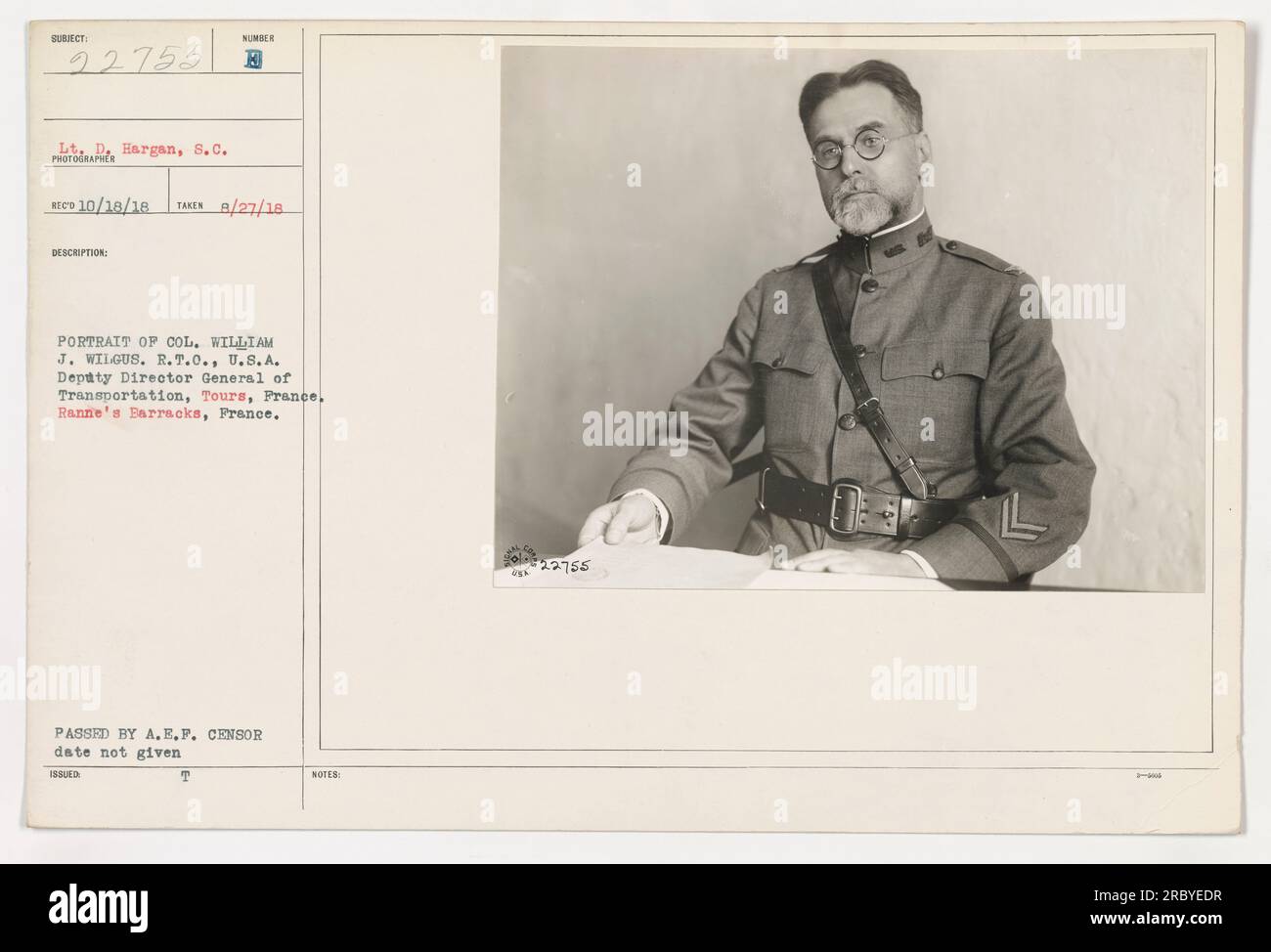 Lt. D. Hargan took this photograph on August 27, 1918 at Ranne's Barracks in Tours, France. It depicts Col. William J. Wilgus, the Deputy Director General of Transportation for the U.S. Army, U.S.A., in a sunlit portrait. The photograph was passed by the A.E.F. censor and was issued with the designation 22755. Stock Photo