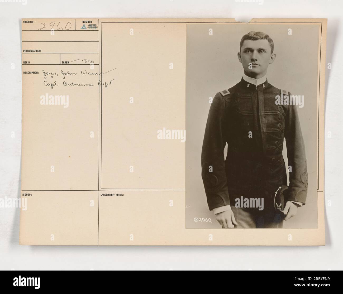 This photograph is labeled as 111-SC-2960 and features Captain John Warren Joyes of the Ordnance Department. The image shows a circle with an X inside in the left corner, and the description notes 2960. The photographer received the photo but did not specify the date it was taken. Stock Photo