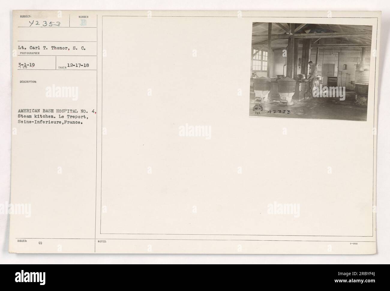 American Base Hospital No. 4's steam kitchen in Le Treport, Seine-Inferieure, France. Lt. Carl T. Thonor is seen in the photograph. Taken on December 17, 1918. Stock Photo