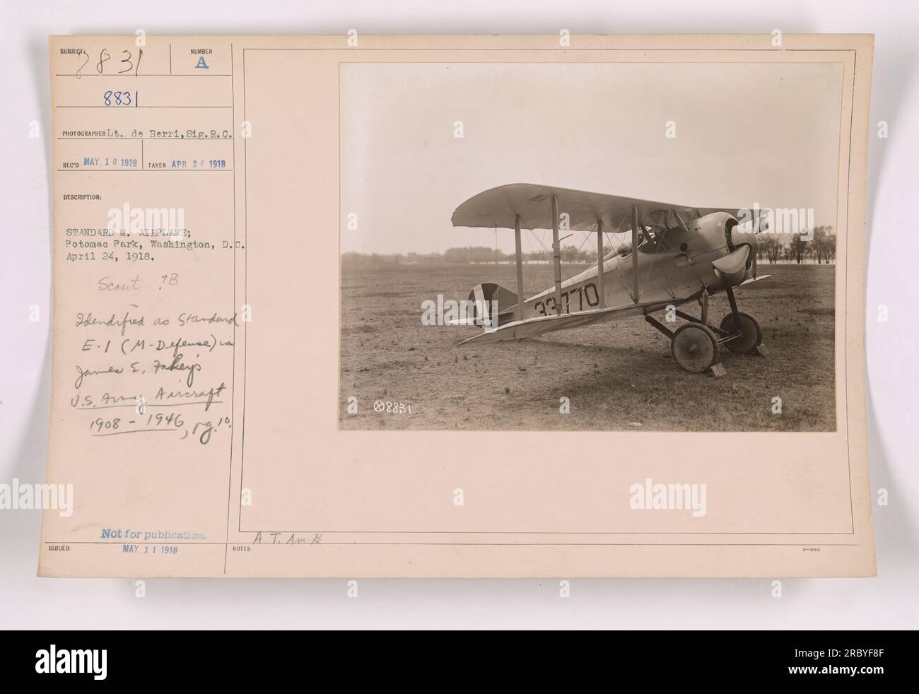 Image caption: Standard M Airplane at Potomac Park, Washington, DC in April 24, 1918. Scout 18. Identified as Standard E-1 (M-Defense). Photgraphed by Lt. de Berri, Sig. R.C. A. Image from Collection 111-SC-8831, Photographs of American Military Activities during World War One. Stock Photo